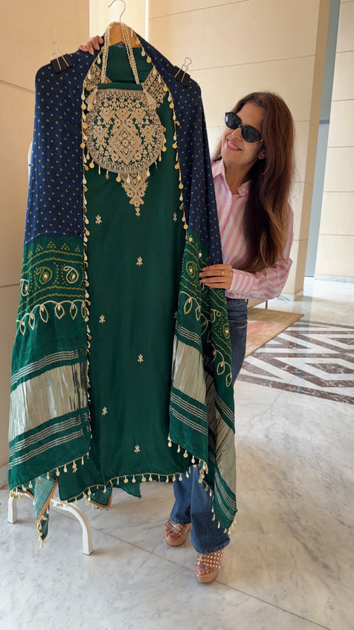 Gaji Silk suit fabric with Bandhini Print Dupatta - Green