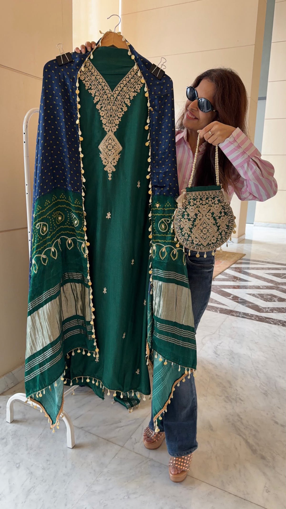 Gaji Silk suit fabric with Bandhini Print Dupatta - Green
