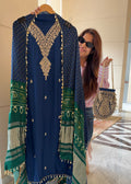 Gaji Silk suit fabric with Bandhini Print Dupatta - Blue