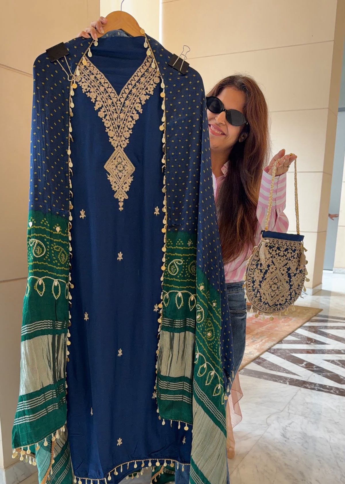 Gaji Silk suit fabric with Bandhini Print Dupatta - Blue