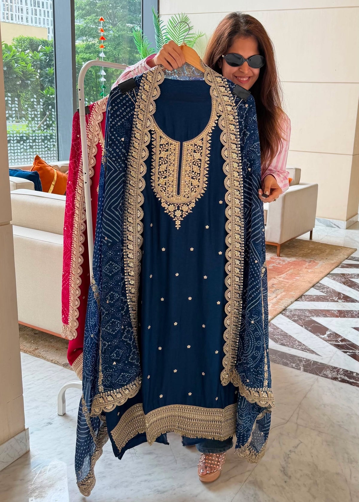 Gaji Silk suit fabric with Bandhini Print Dupatta - Royal Blue