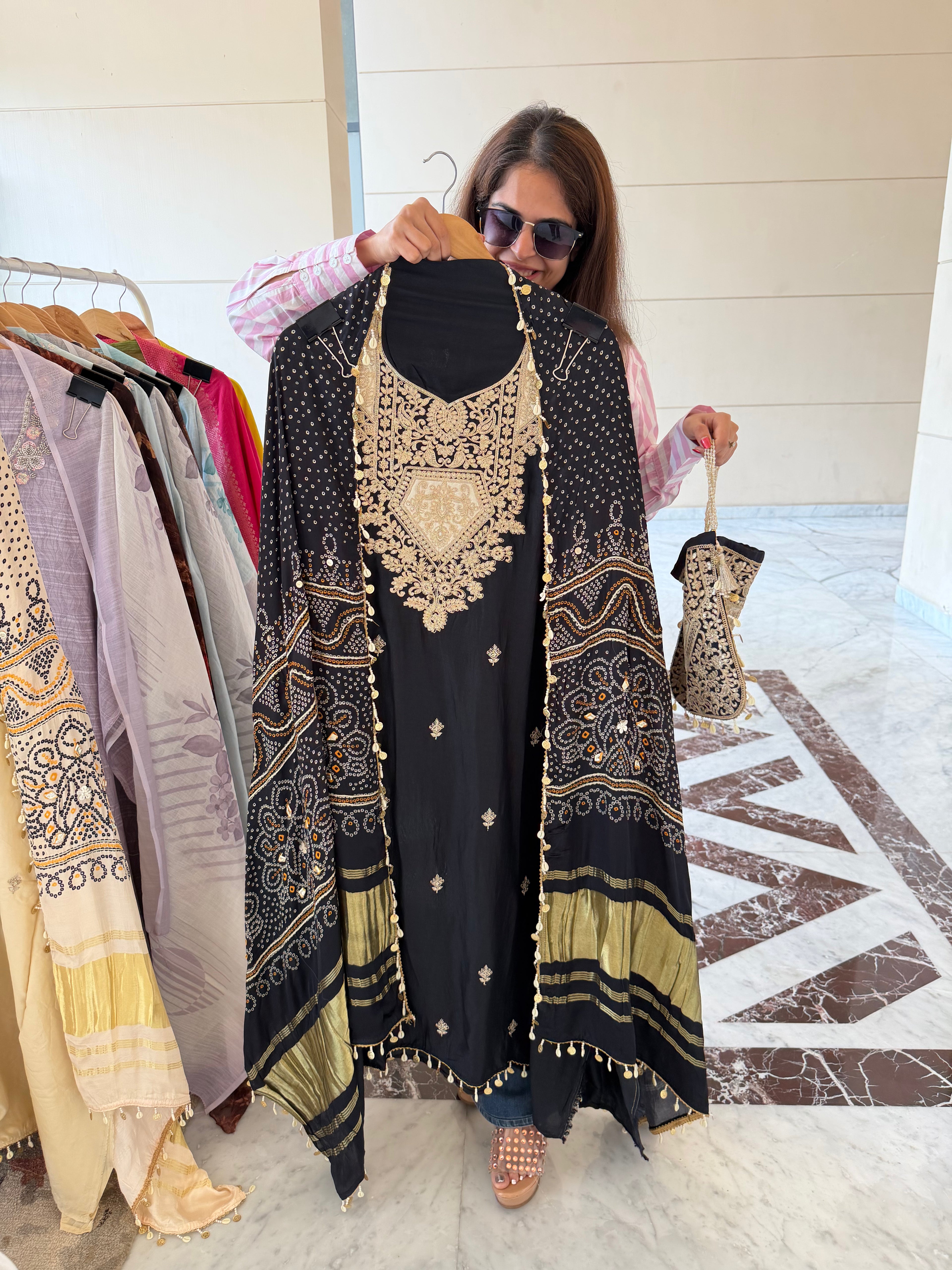 Gaji Silk suit fabric with Bandhini Print Dupatta - Black