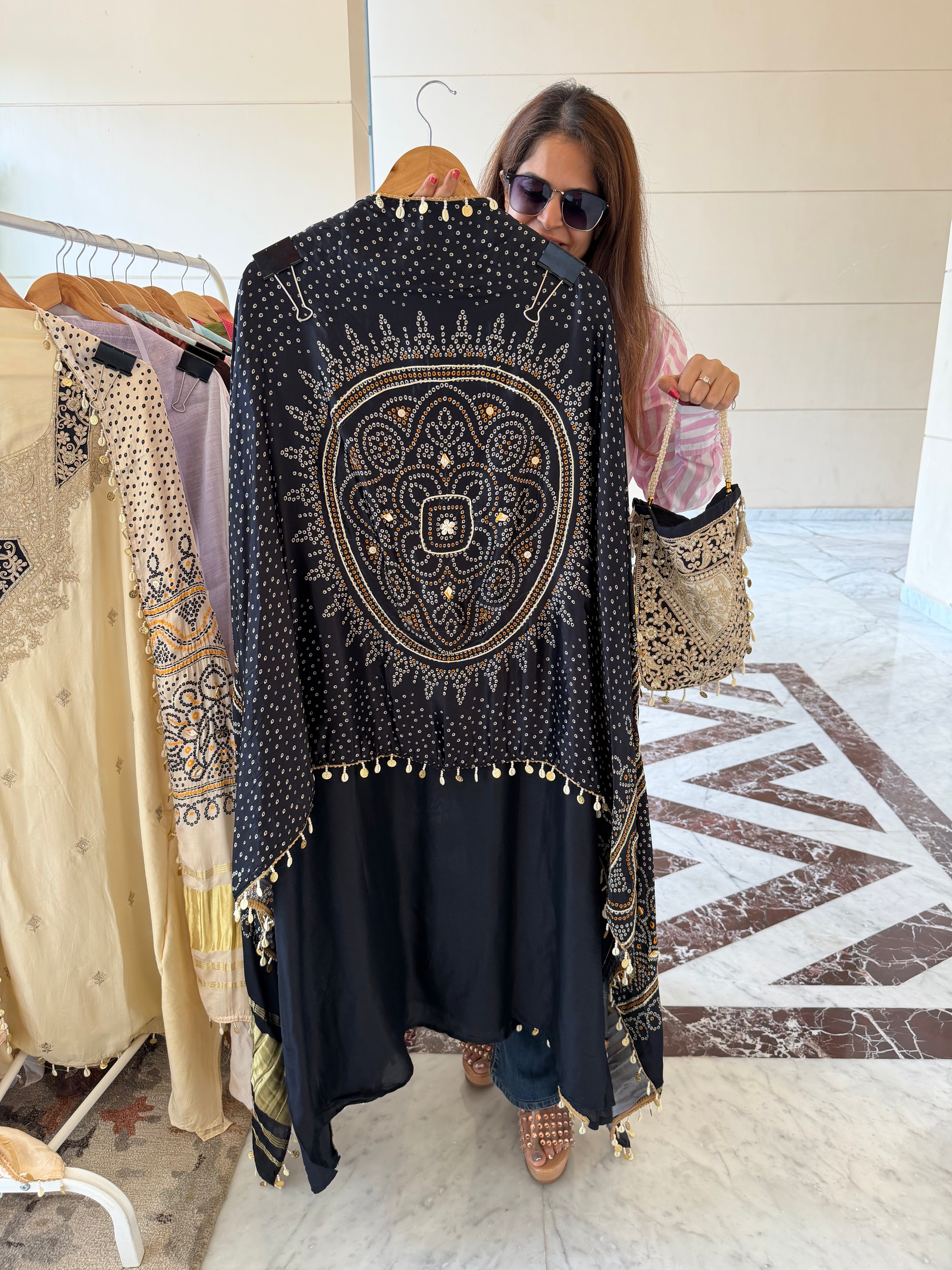 Gaji Silk suit fabric with Bandhini Print Dupatta - Black