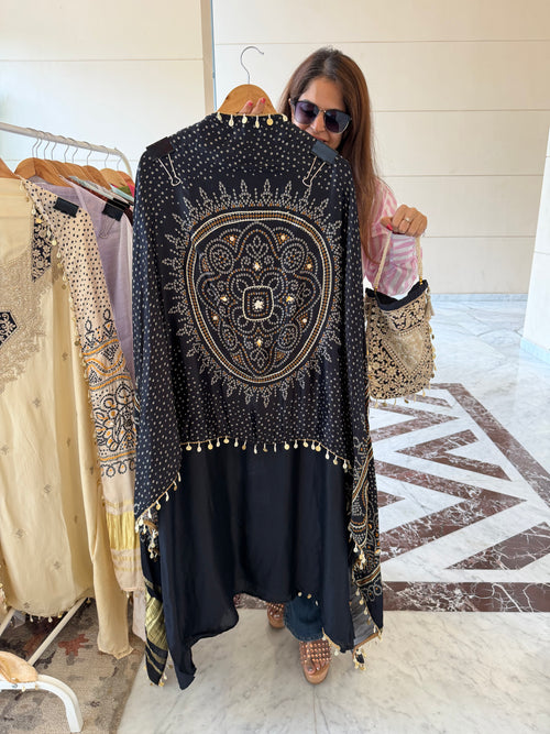 Gaji Silk suit fabric with Bandhini Print Dupatta - Black