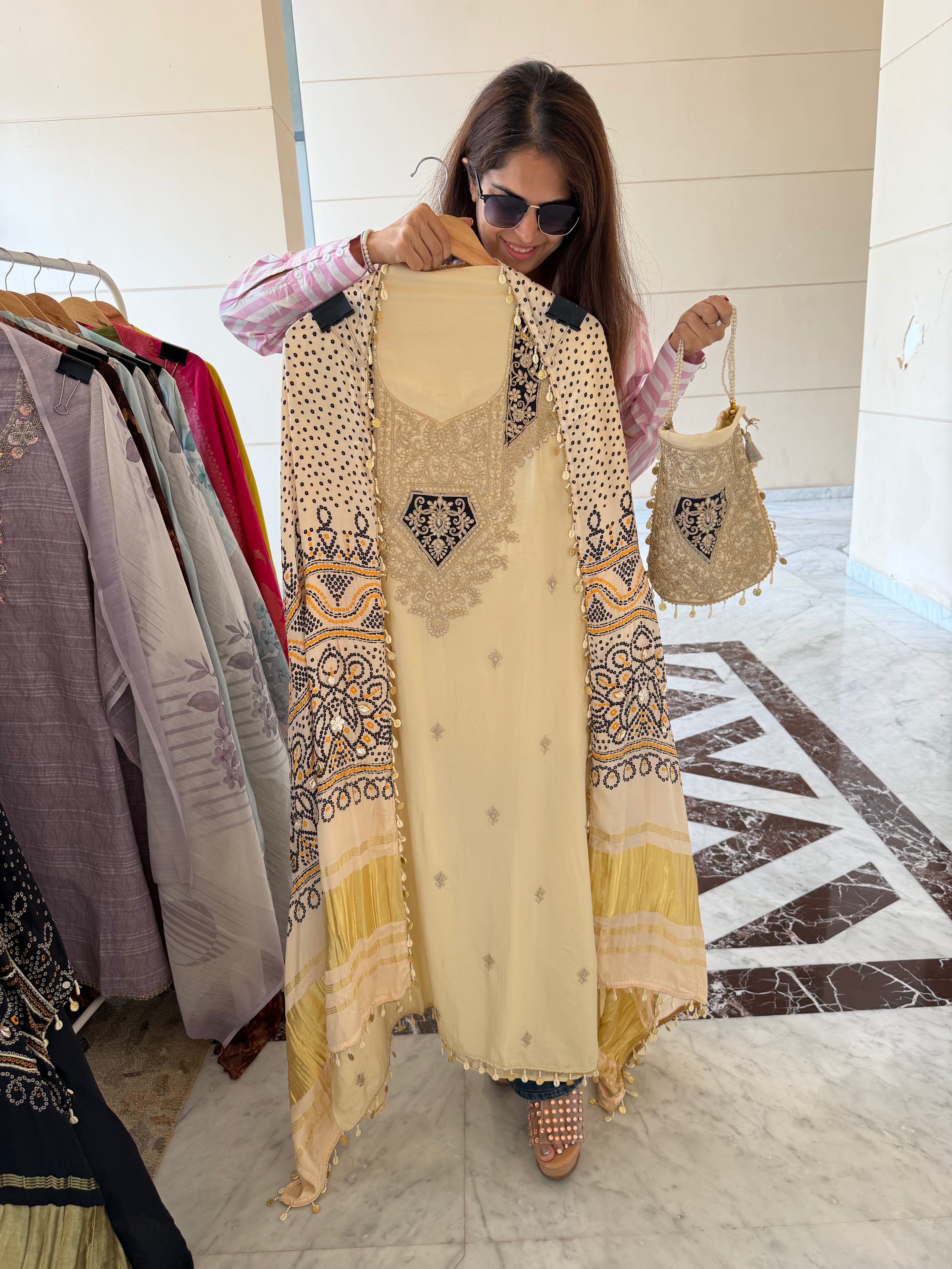 Gaji Silk suit fabric with Bandhini Print Dupatta - Ivory