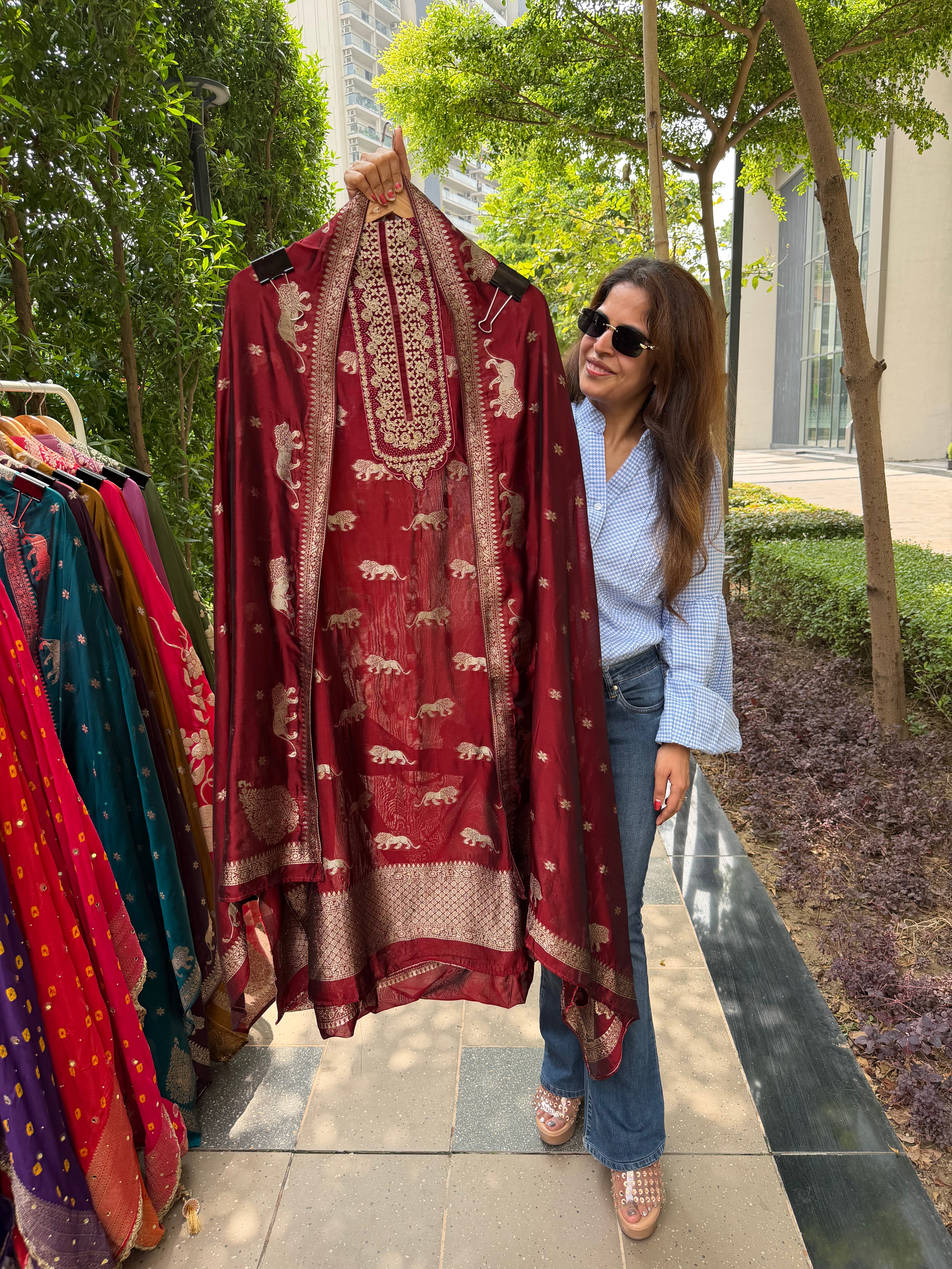 Sabyasachi logo tissue silk suit fabric - Maroon