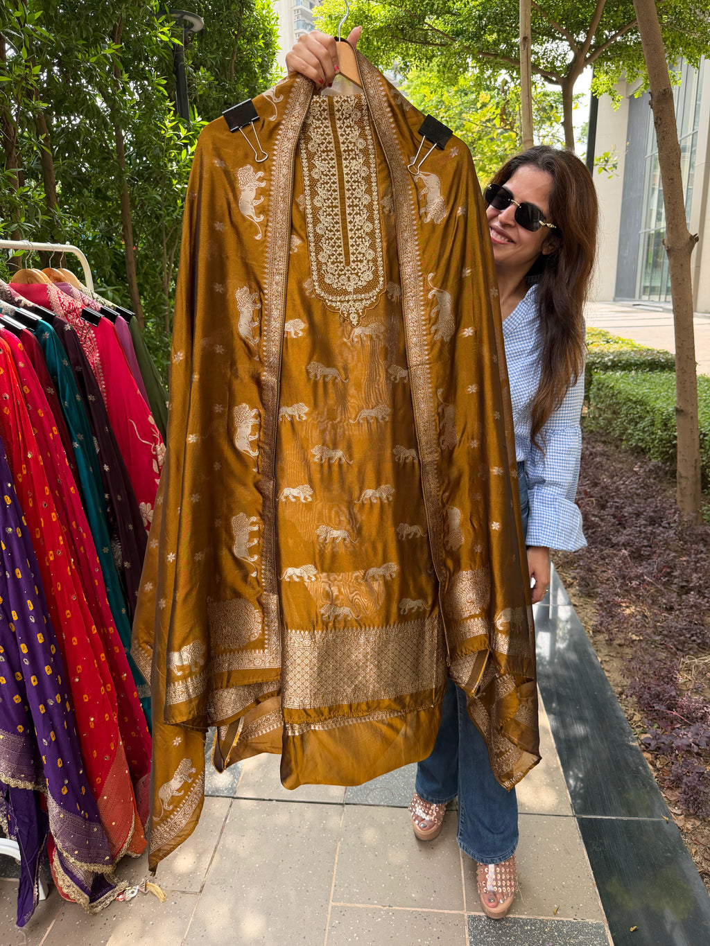 Sabyasachi logo tissue silk suit fabric - Golden