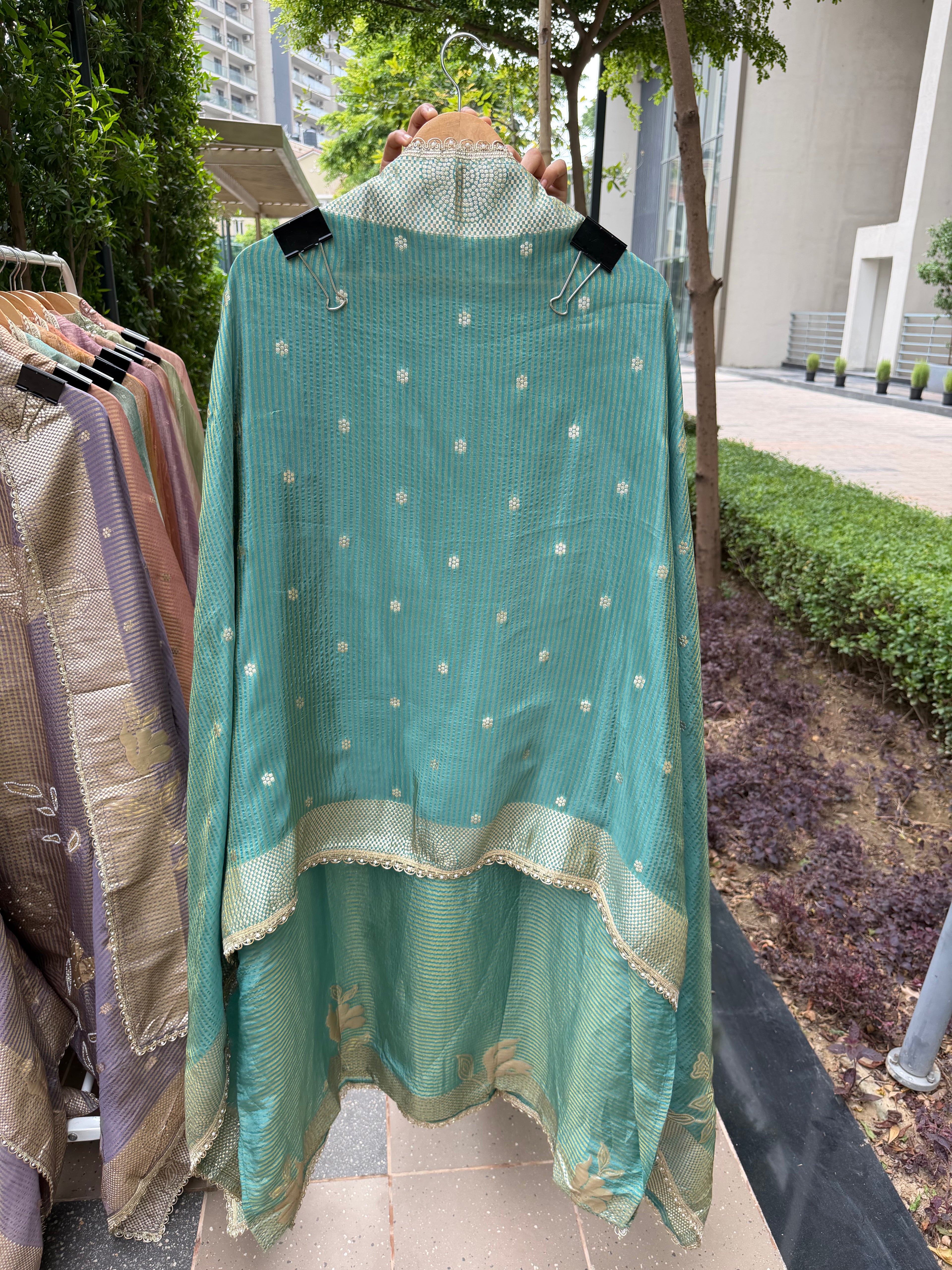 Premium festive giraffe tissue silk suit fabric - Green