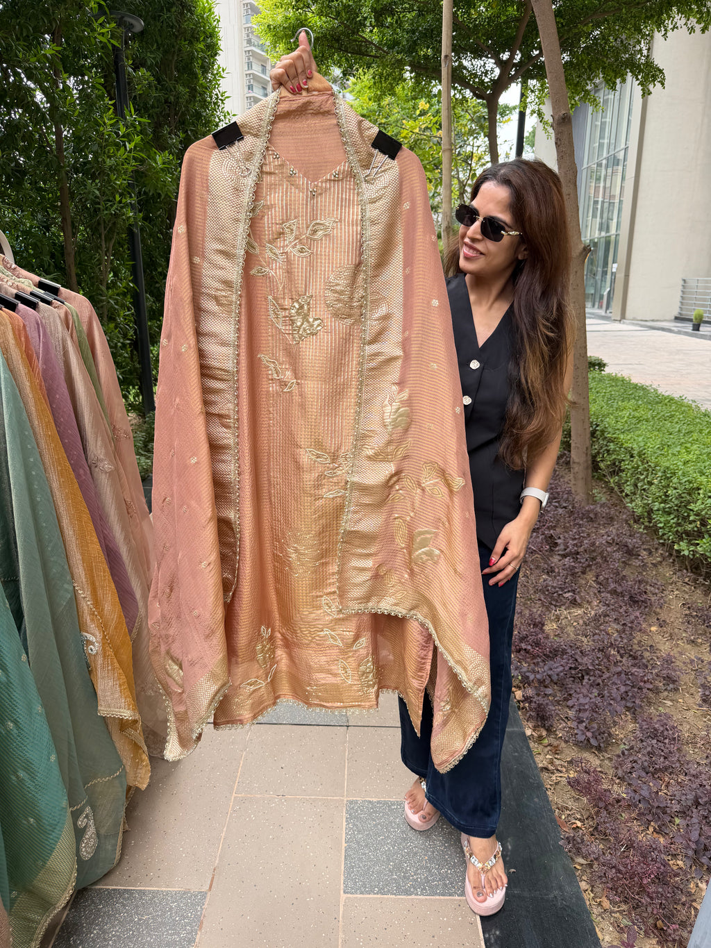 Premium festive giraffe tissue silk suit fabric - Blush Peach