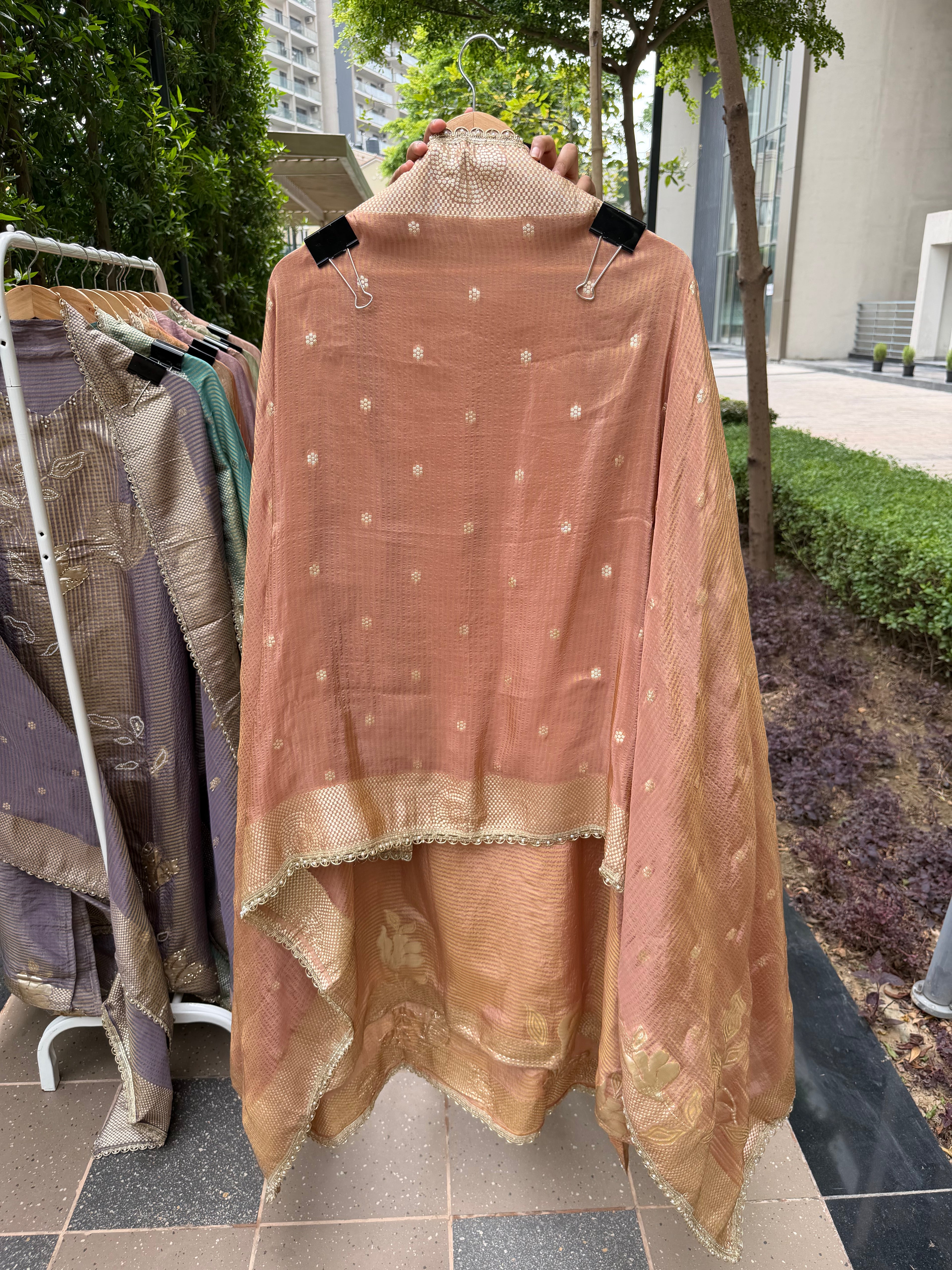 Premium festive giraffe tissue silk suit fabric - Blush Peach