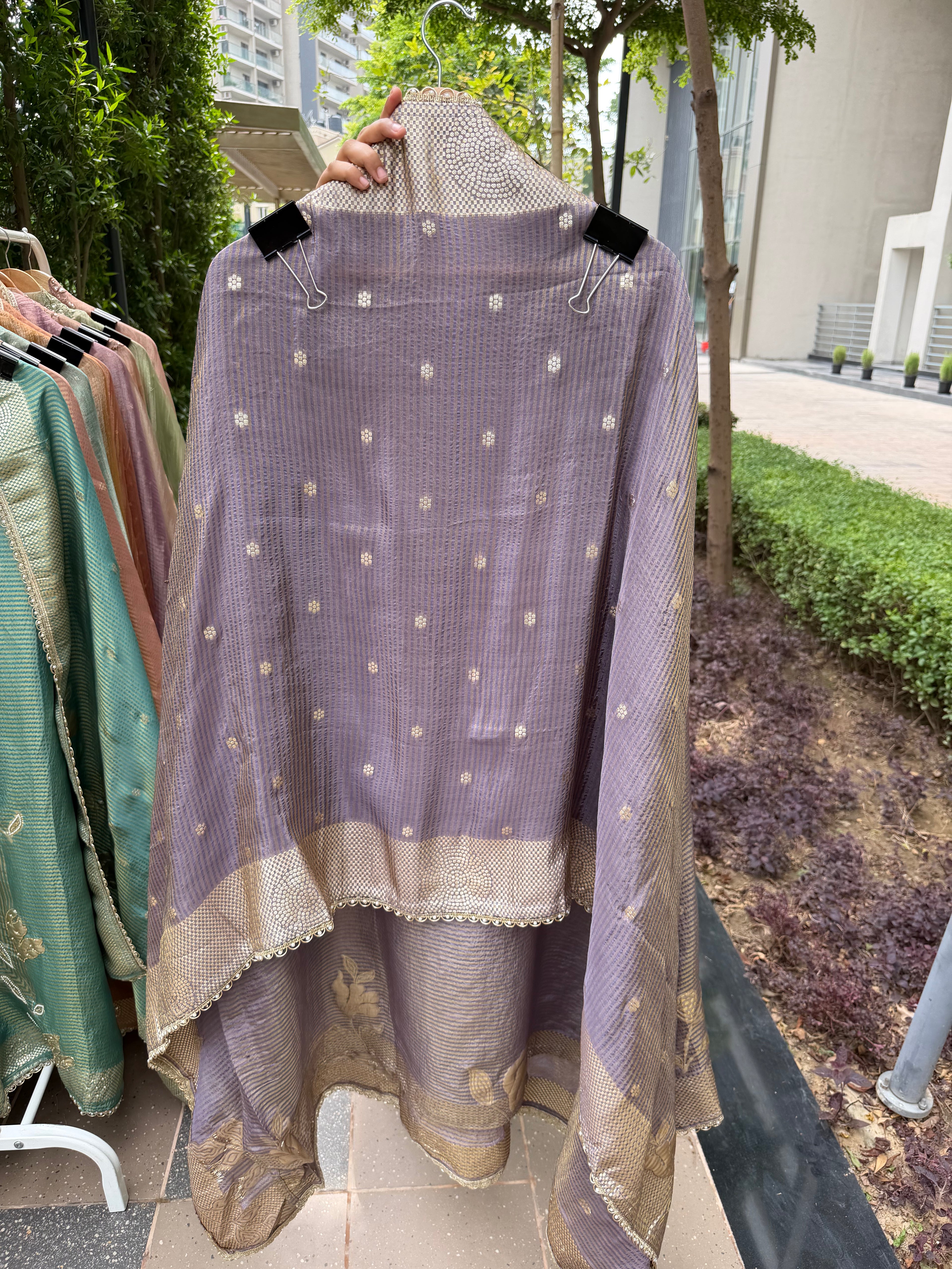 Premium festive giraffe tissue silk suit fabric - Lavender