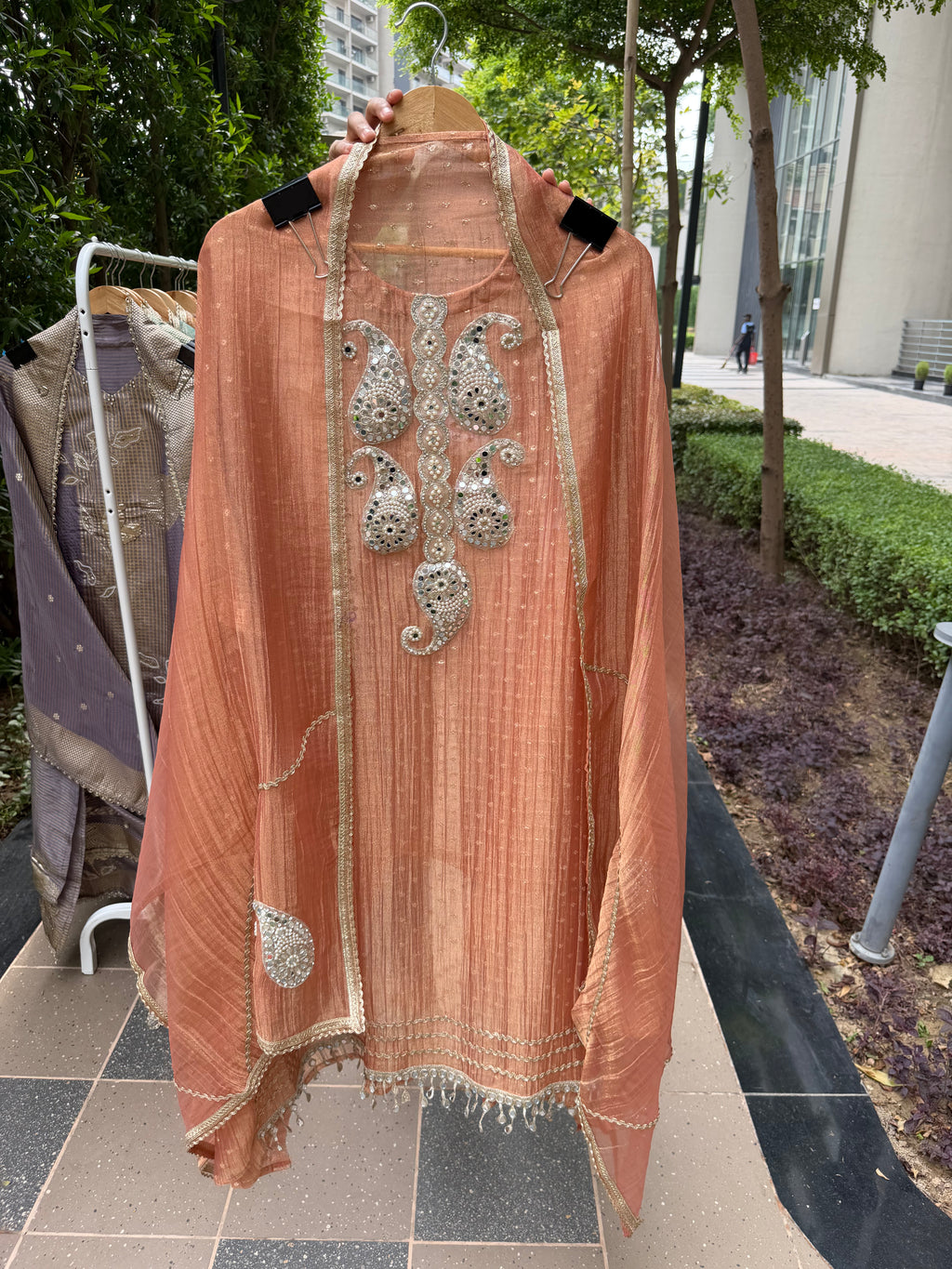 Premium festive shimmer tissue suit fabric - Peach