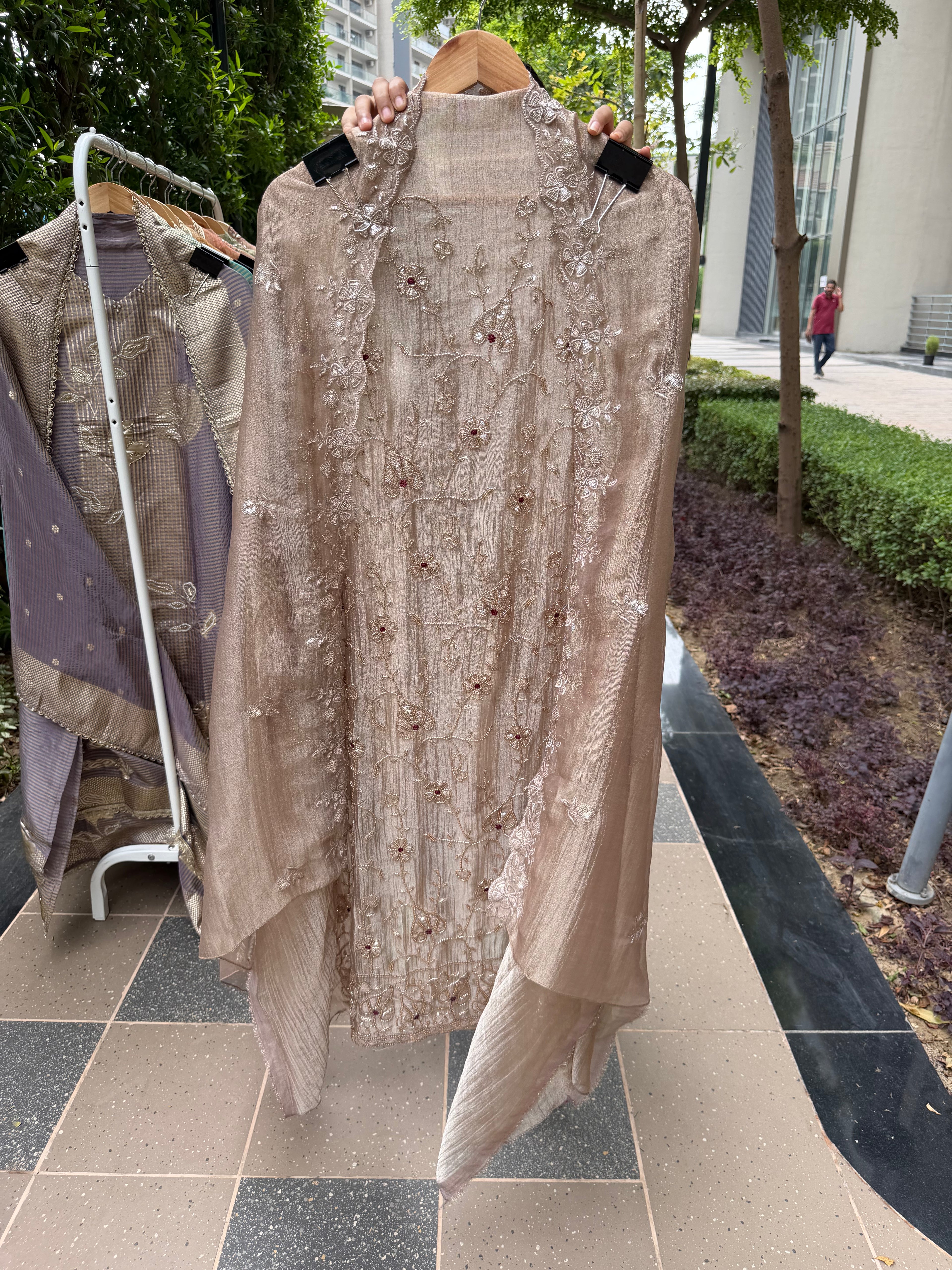 Premium crush shimmer tissue suit fabric - Champagne