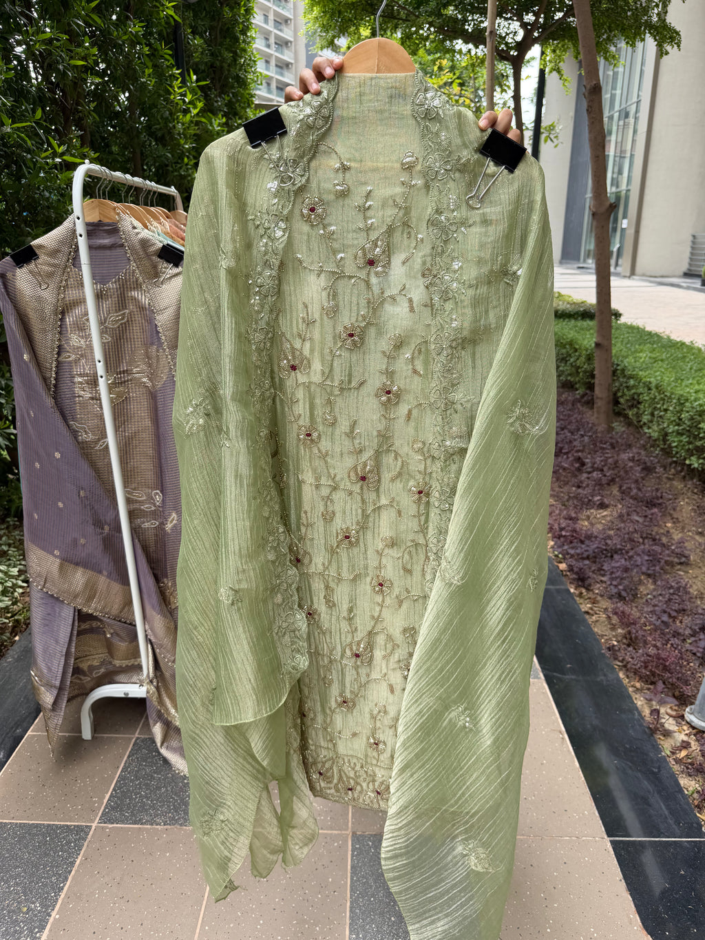 Premium crush shimmer tissue suit fabric - Green