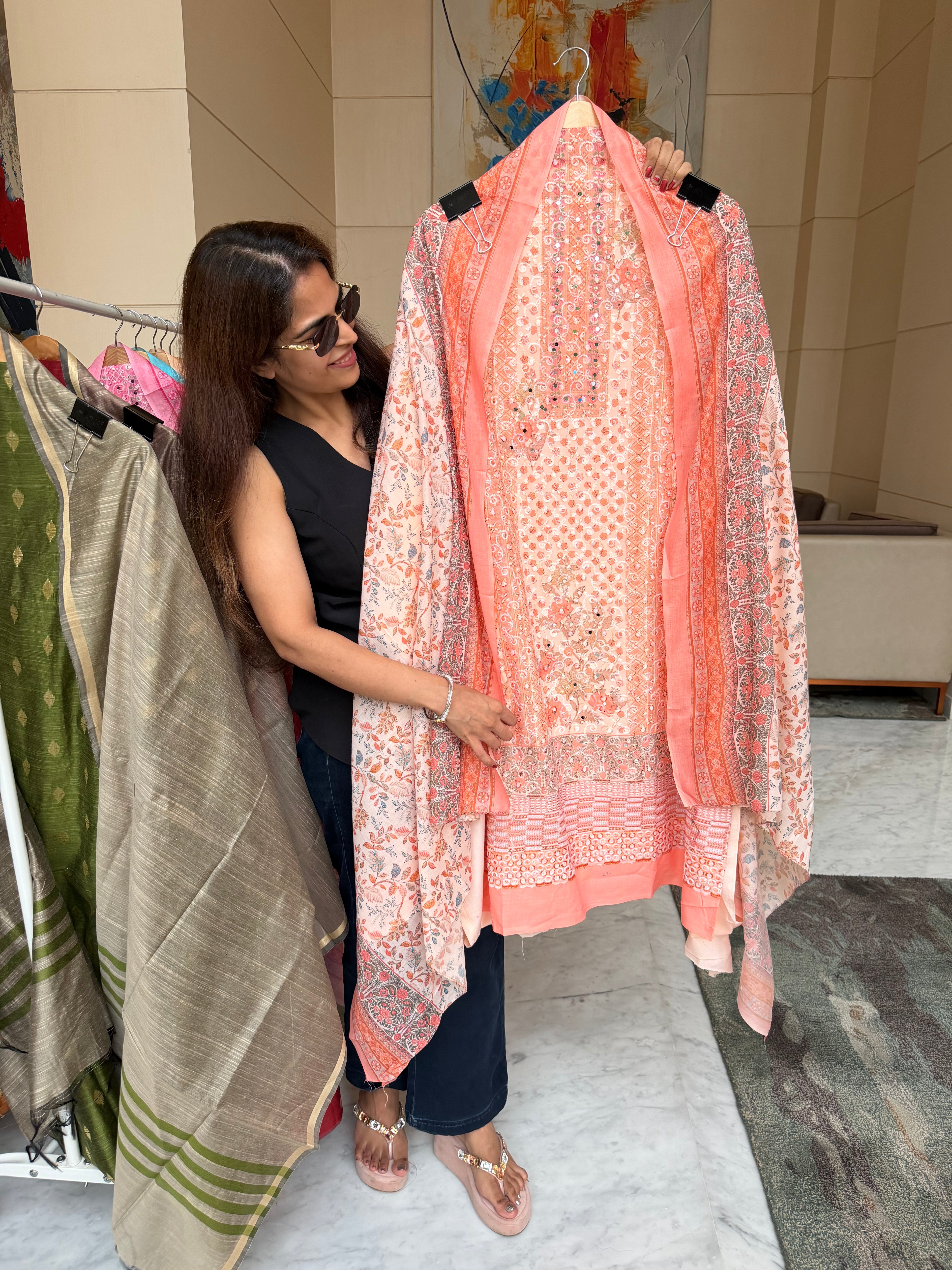 Lucknowi cotton suit fabric - Peach