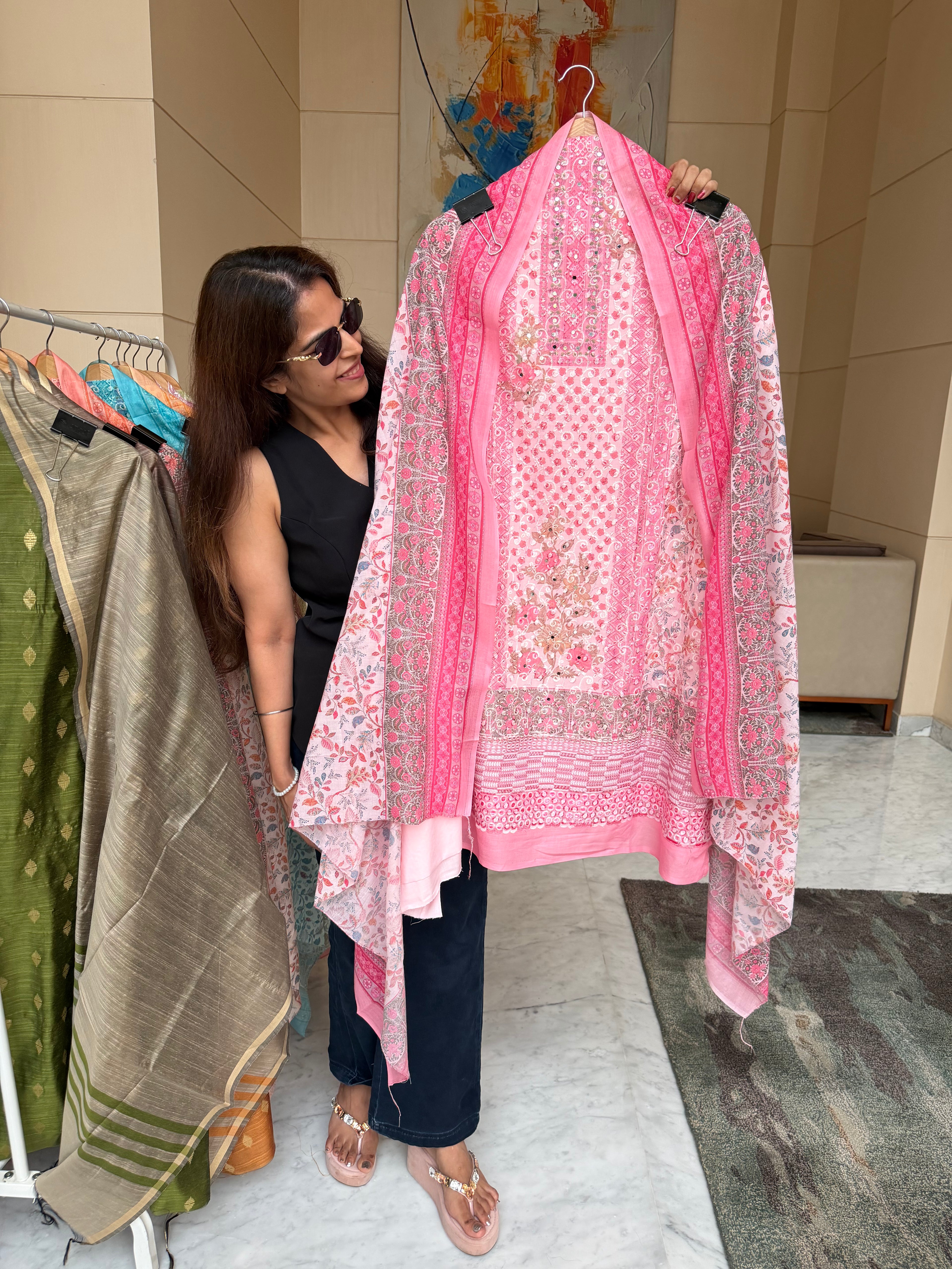 Lucknowi cotton suit fabric - Pink