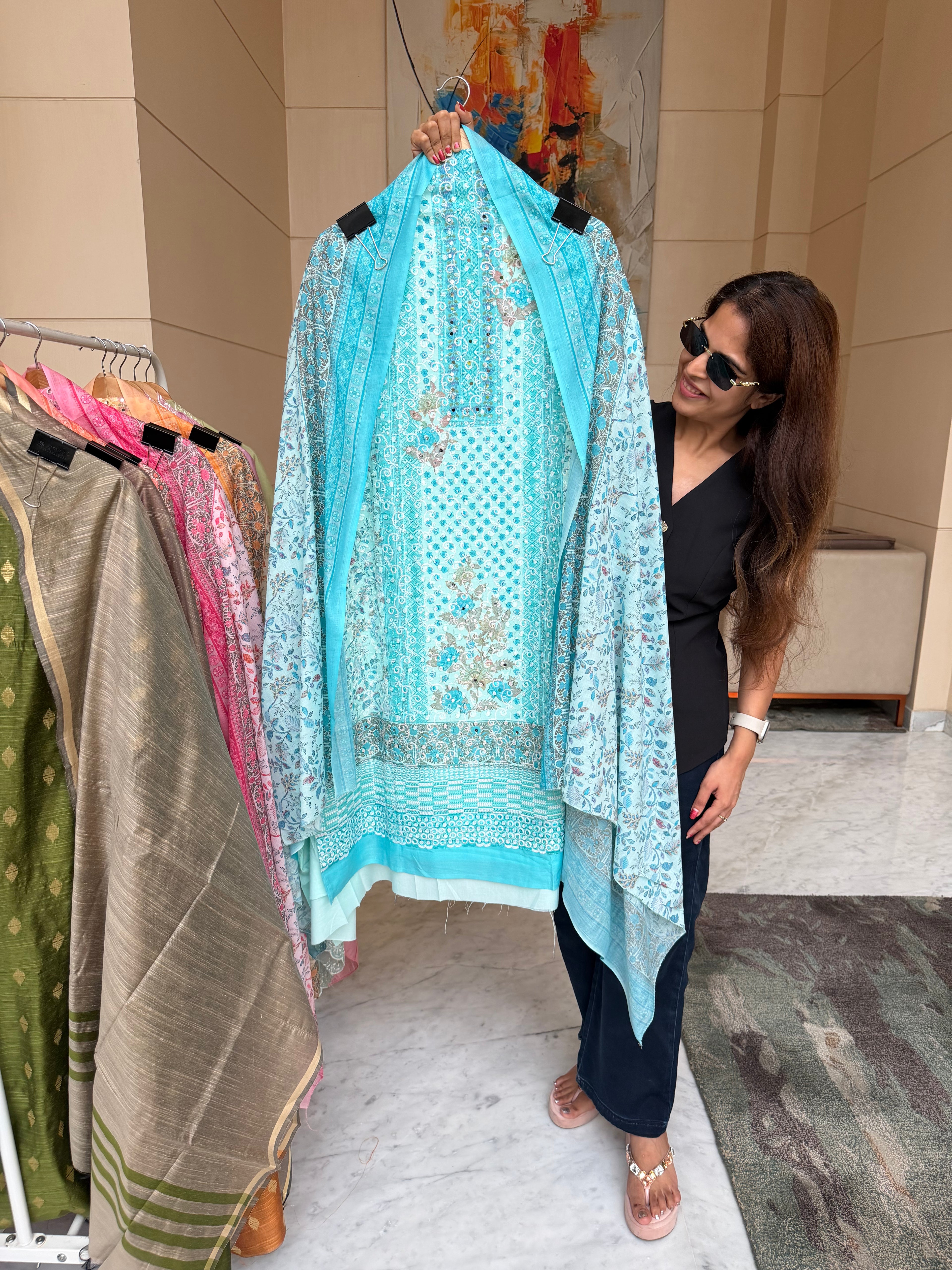 Lucknowi cotton suit fabric - Blue