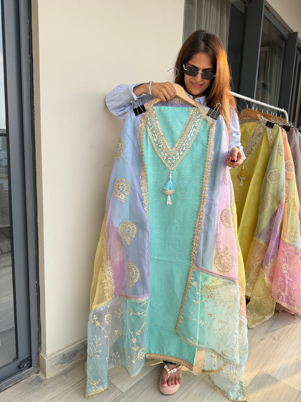 Indian chanderi silk suit fabric - Blue