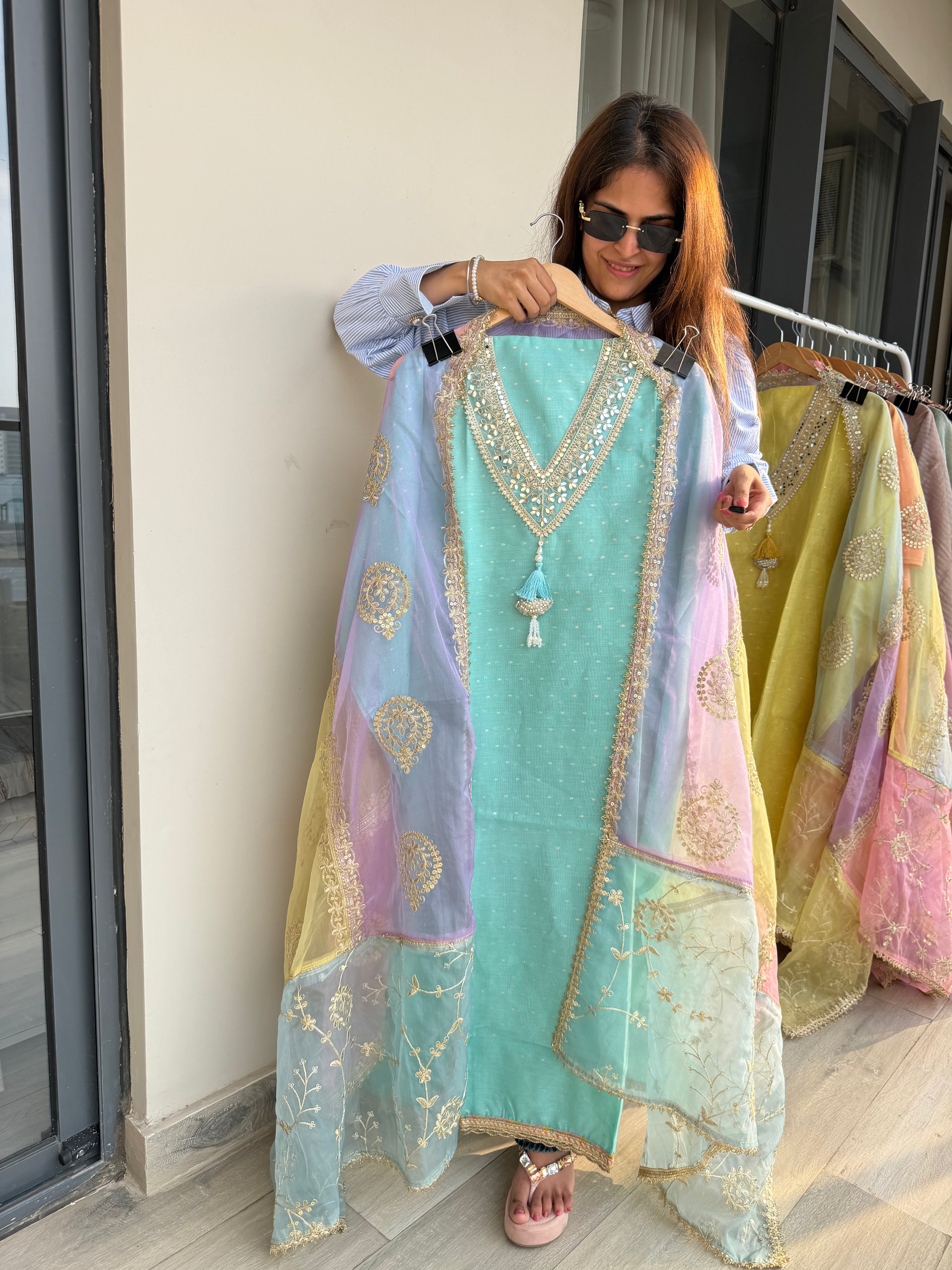Indian chanderi silk suit fabric - Blue