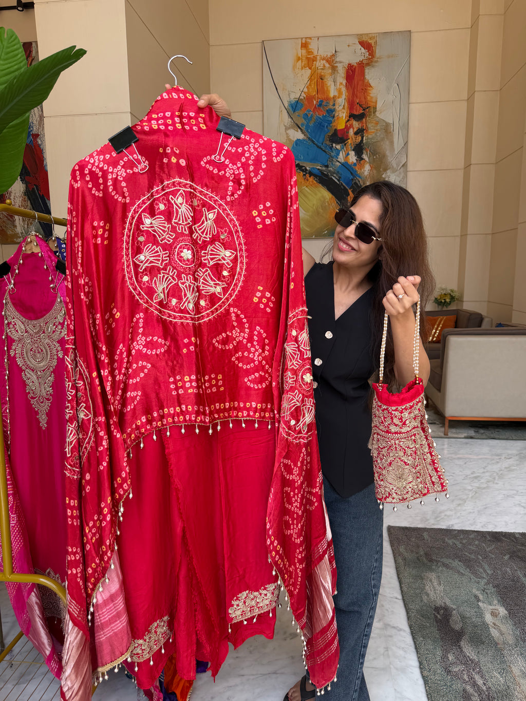 Gaji Silk suit fabric with Bandhini Print Dupatta - Red