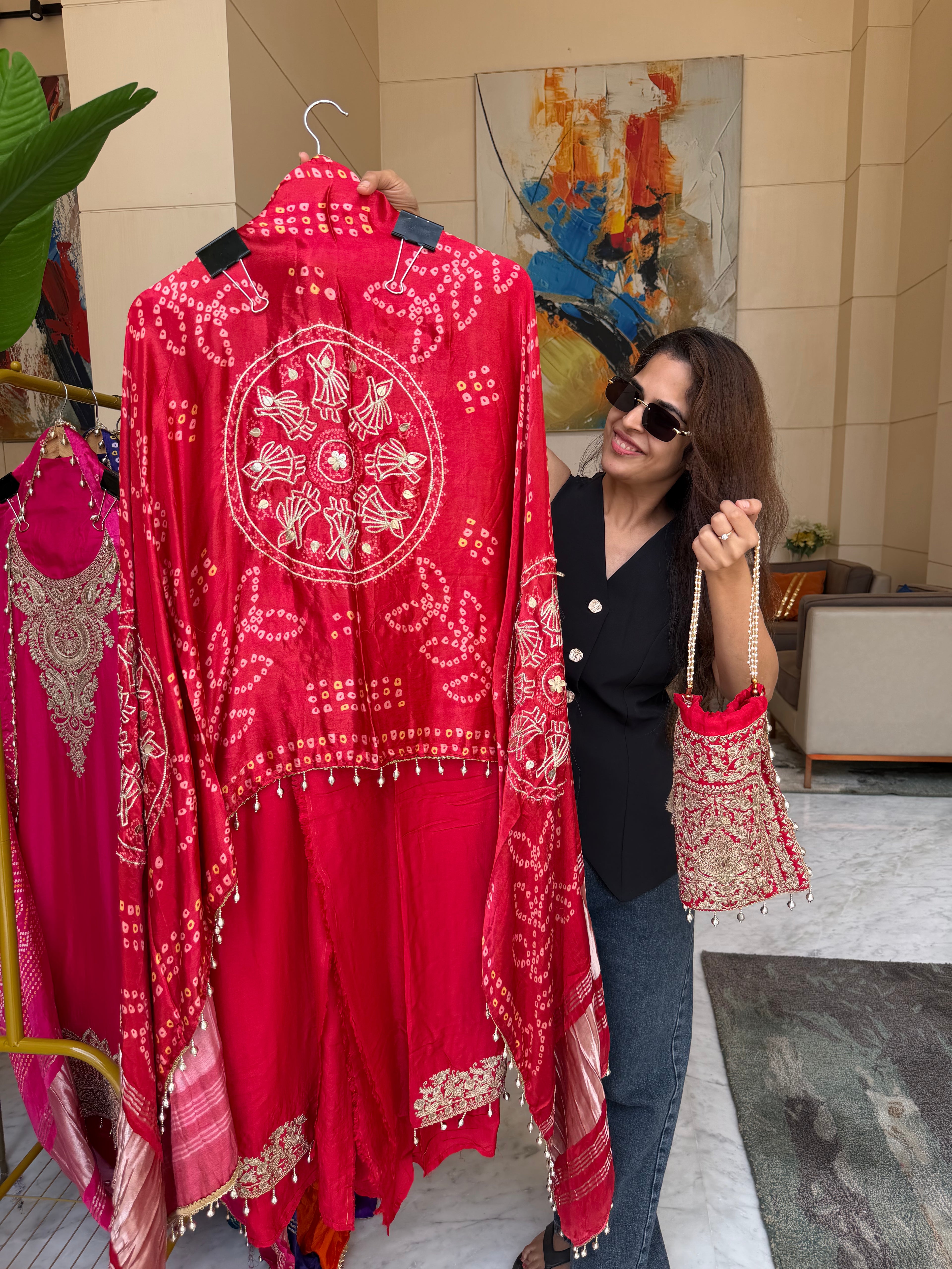 Gaji Silk suit fabric with Bandhini Print Dupatta - Red