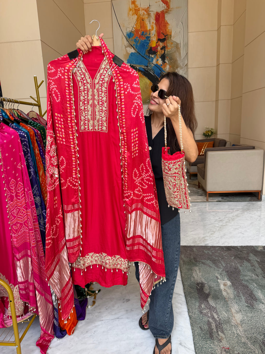 Gaji Silk suit fabric with Bandhini Print Dupatta - Red