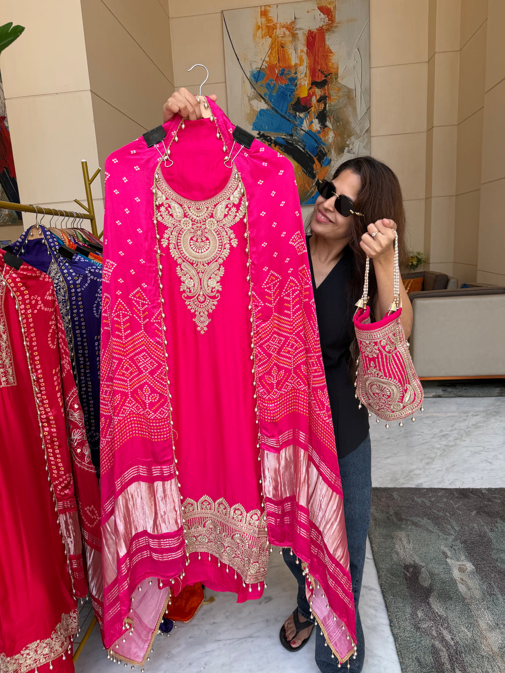 Gaji Silk suit fabric with Bandhini Print Dupatta - Pink