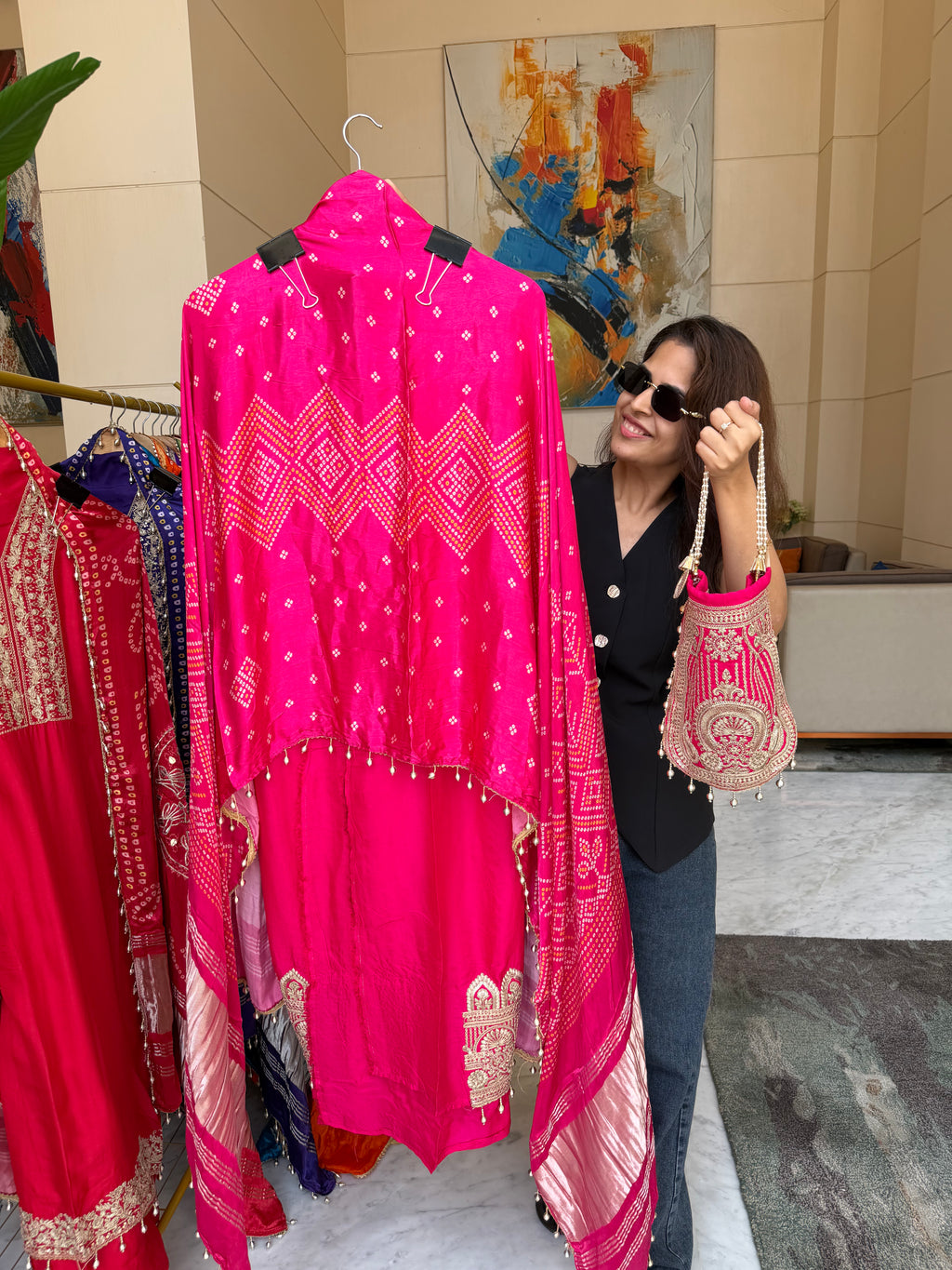 Gaji Silk suit fabric with Bandhini Print Dupatta - Pink