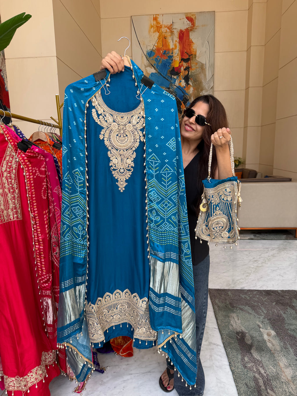 Gaji Silk suit fabric with Bandhini Print Dupatta - Blue