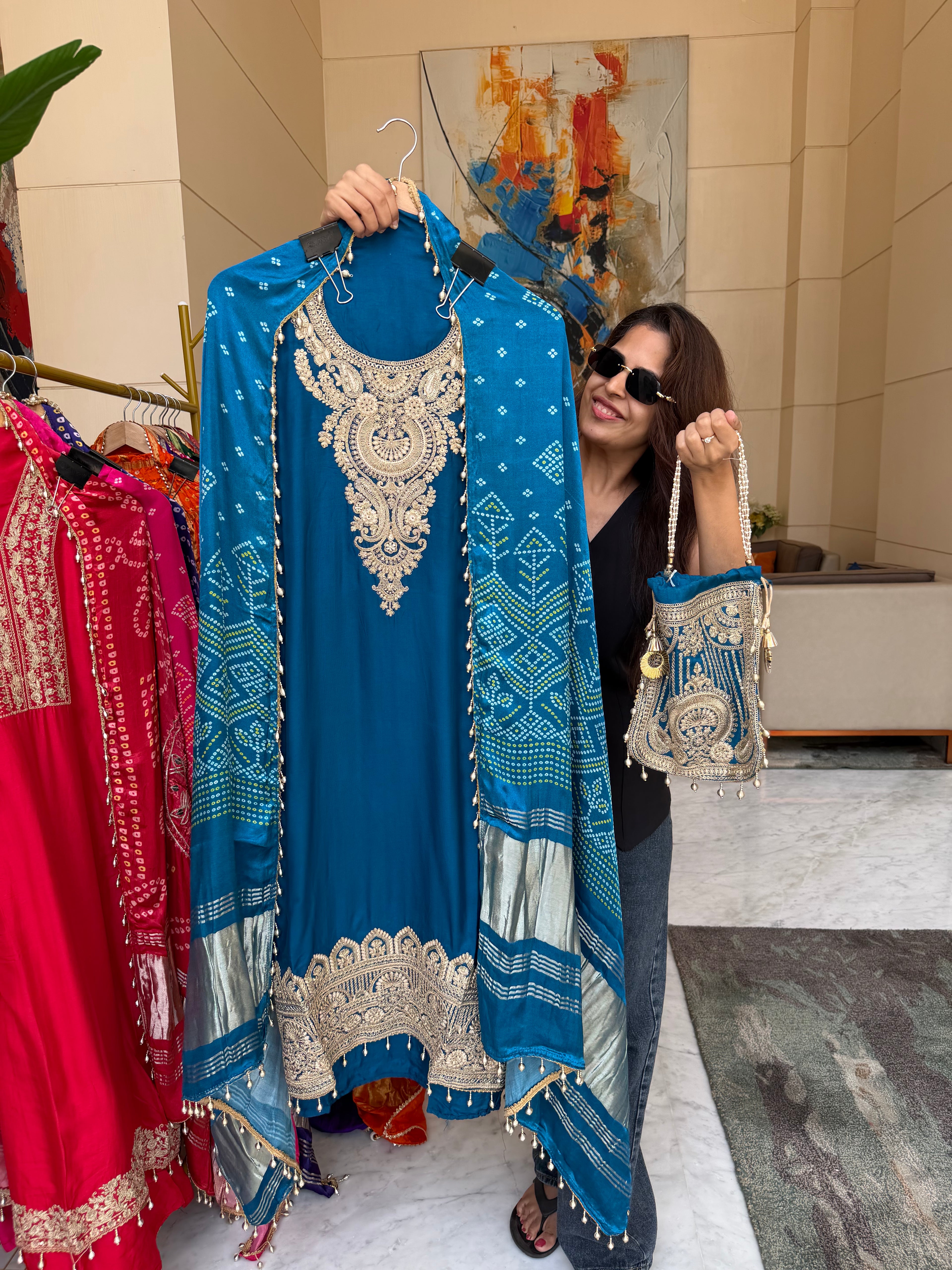 Gaji Silk suit fabric with Bandhini Print Dupatta - Blue