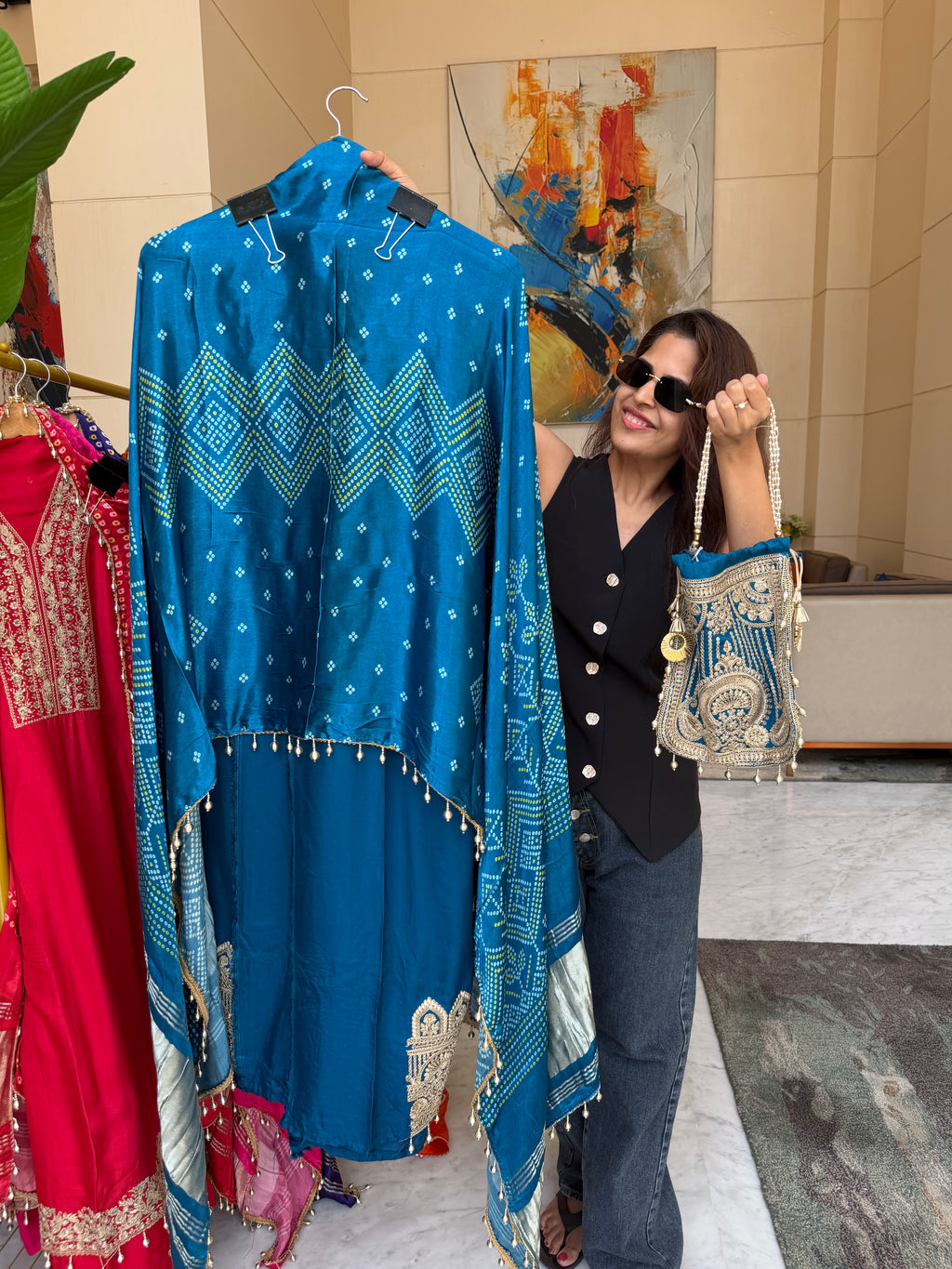 Gaji Silk suit fabric with Bandhini Print Dupatta - Blue