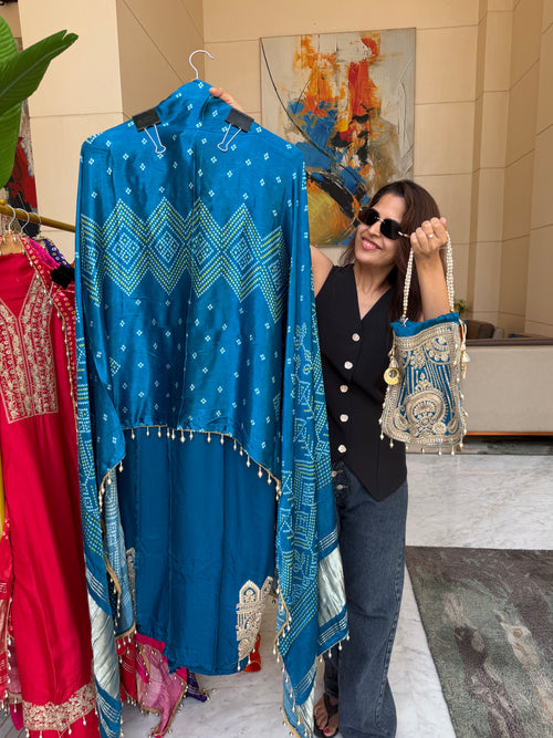 Gaji Silk suit fabric with Bandhini Print Dupatta - Blue