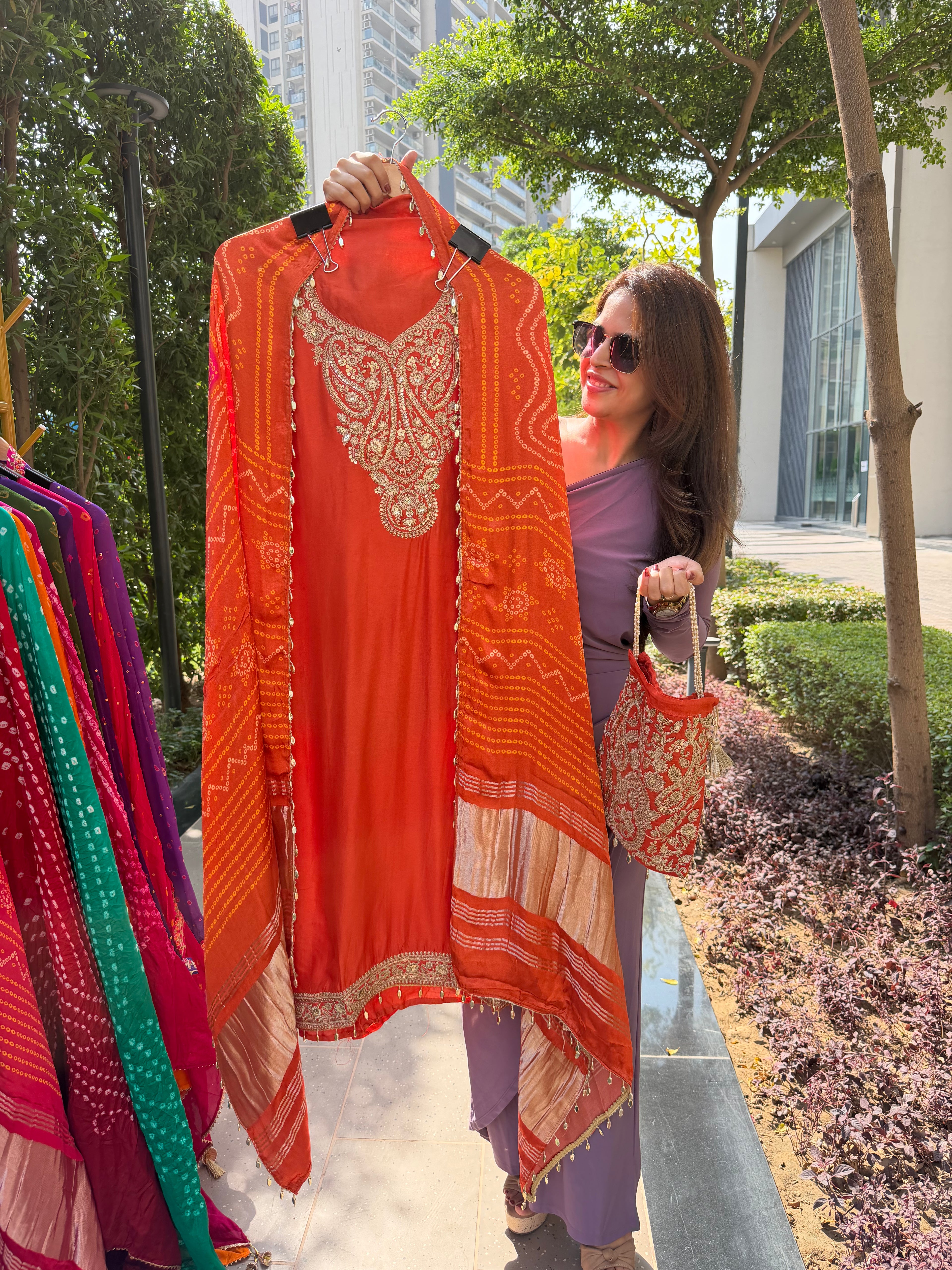 Gaji Silk suit fabric with Bandhini Print Dupatta - Orange