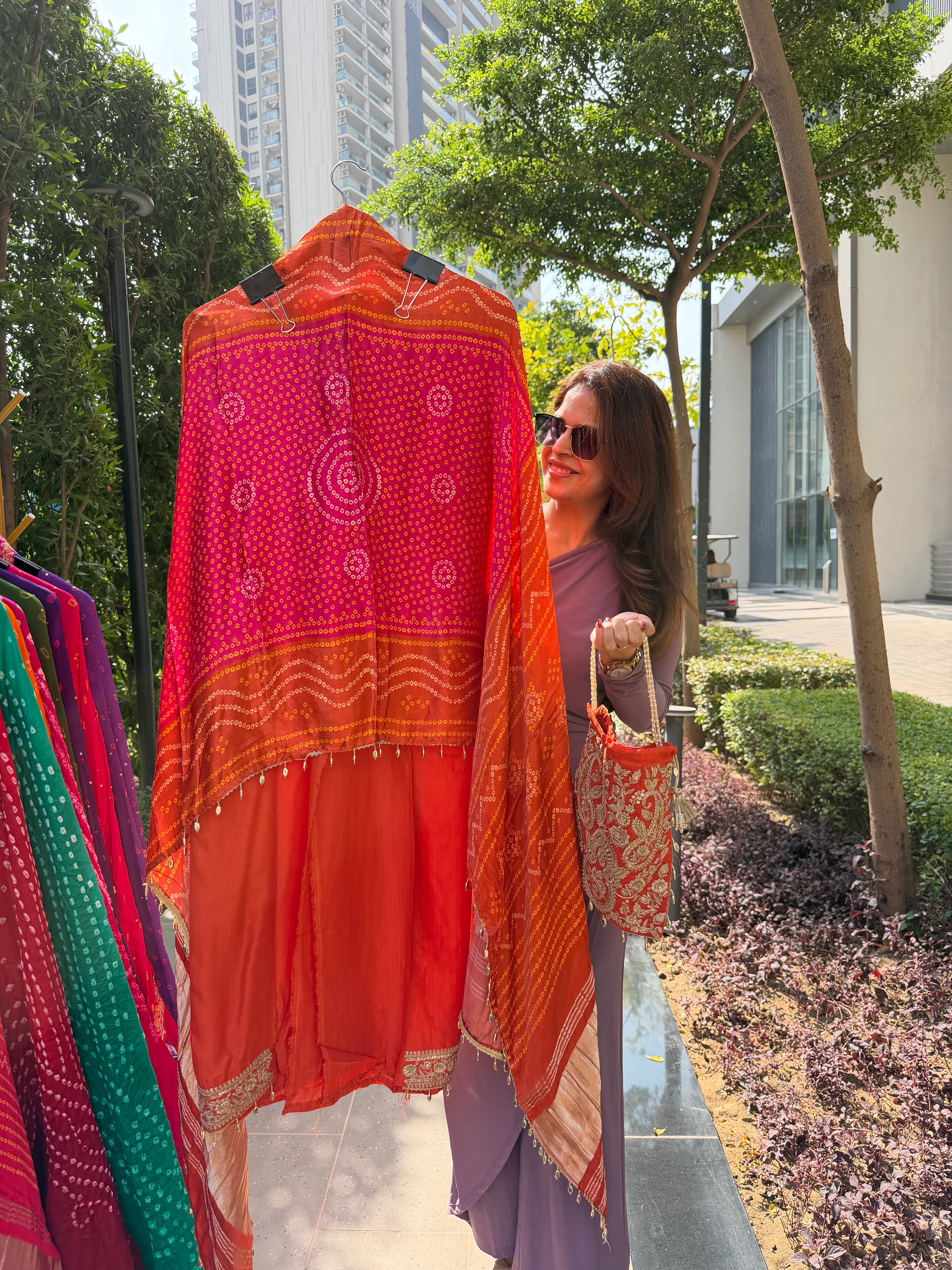 Gaji Silk suit fabric with Bandhini Print Dupatta - Orange