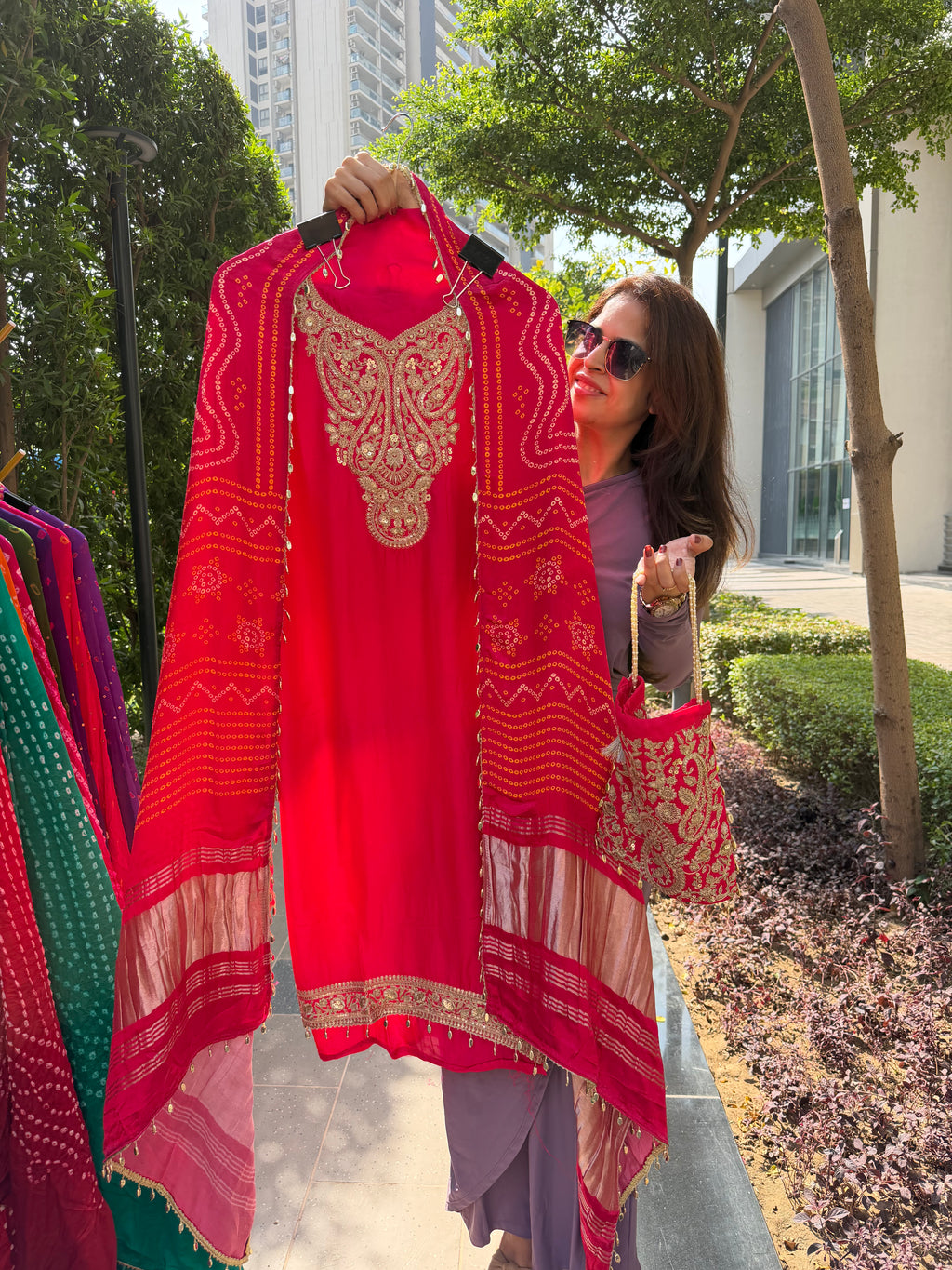 Gaji Silk suit fabric with Bandhini Print Dupatta - Pink