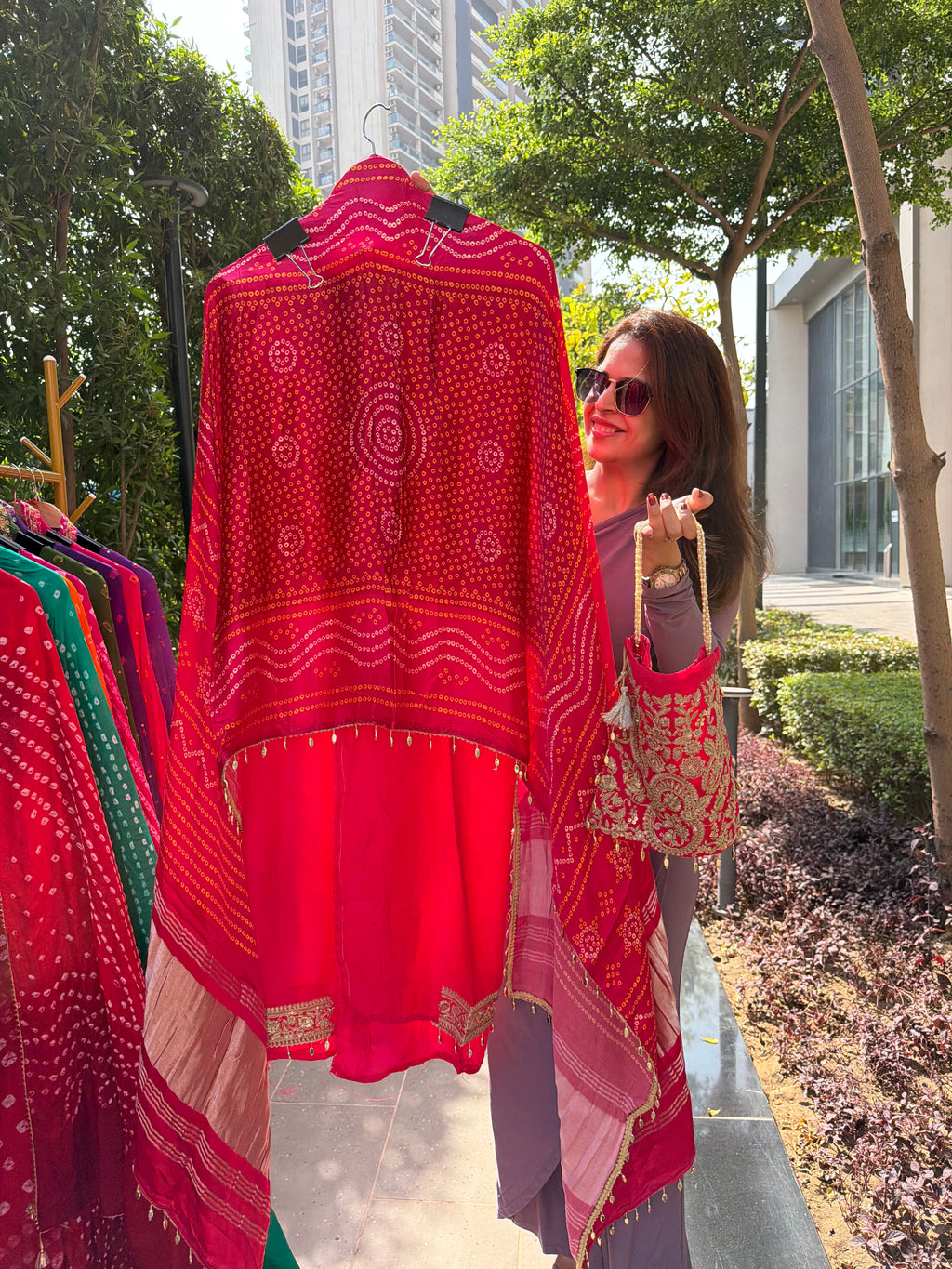 Gaji Silk suit fabric with Bandhini Print Dupatta - Pink