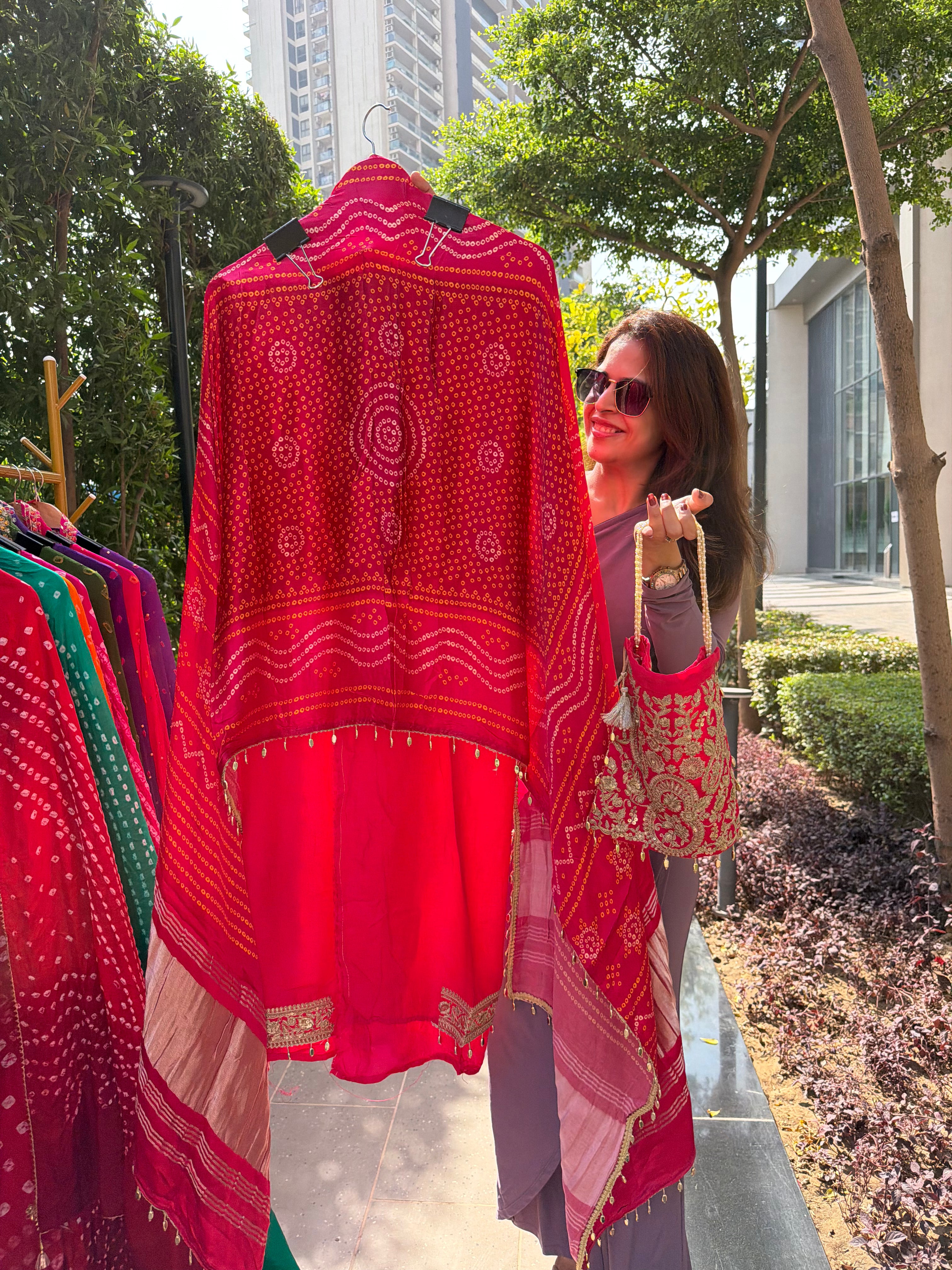 Gaji Silk suit fabric with Bandhini Print Dupatta - Pink