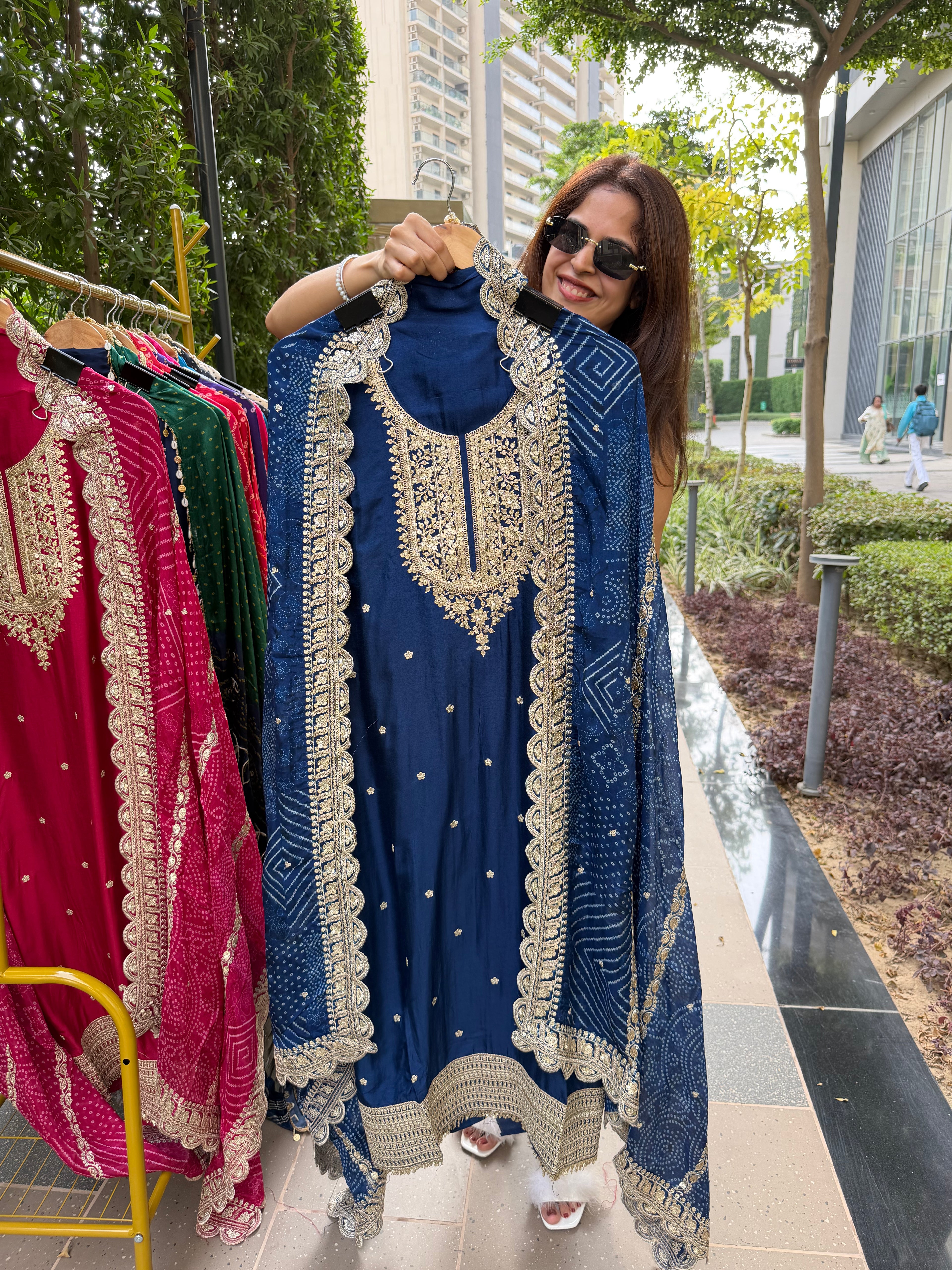 Gaji Silk suit fabric with Bandhini Print Dupatta - Royal Blue