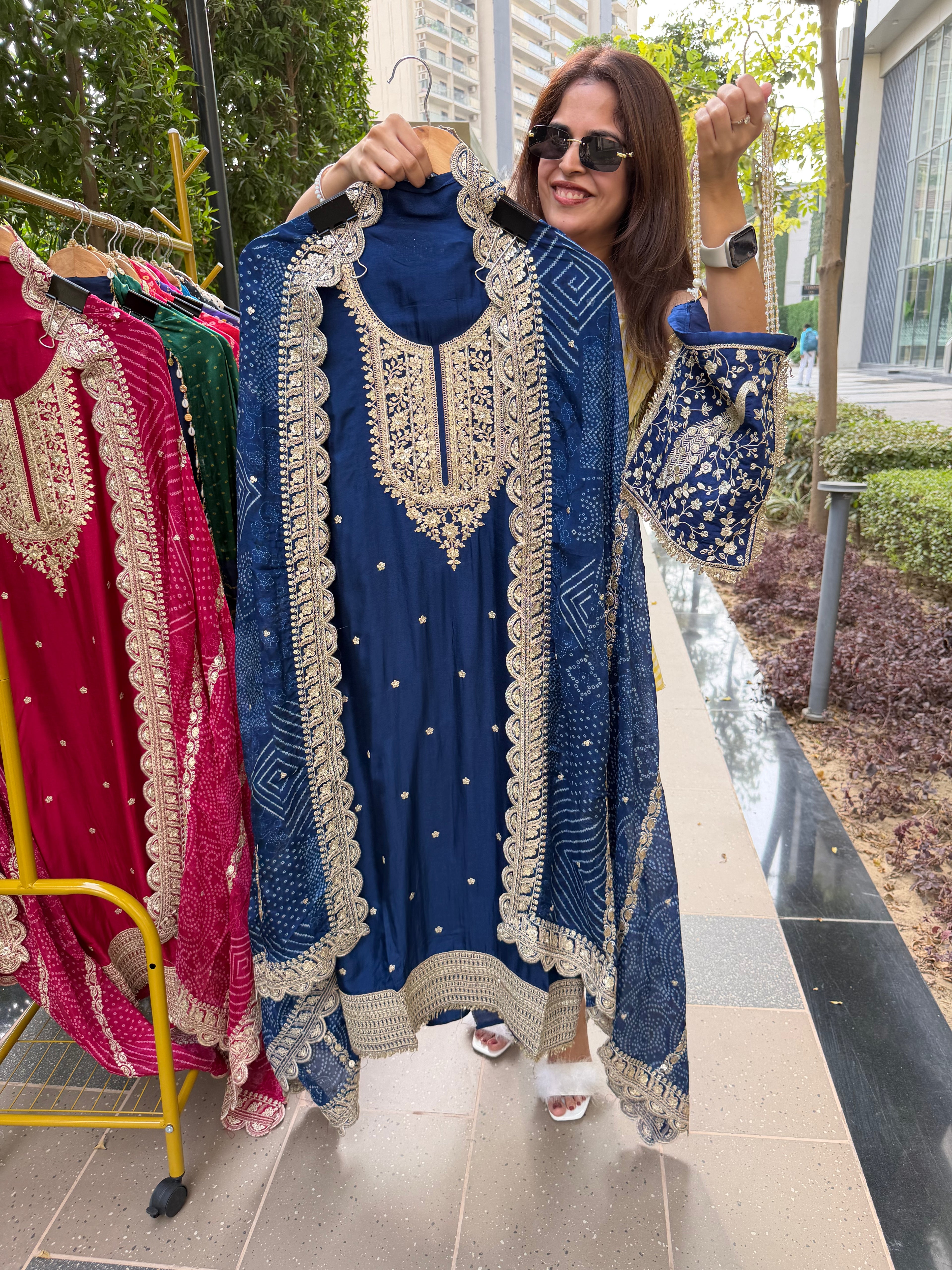 Gaji Silk suit fabric with Bandhini Print Dupatta - Royal Blue