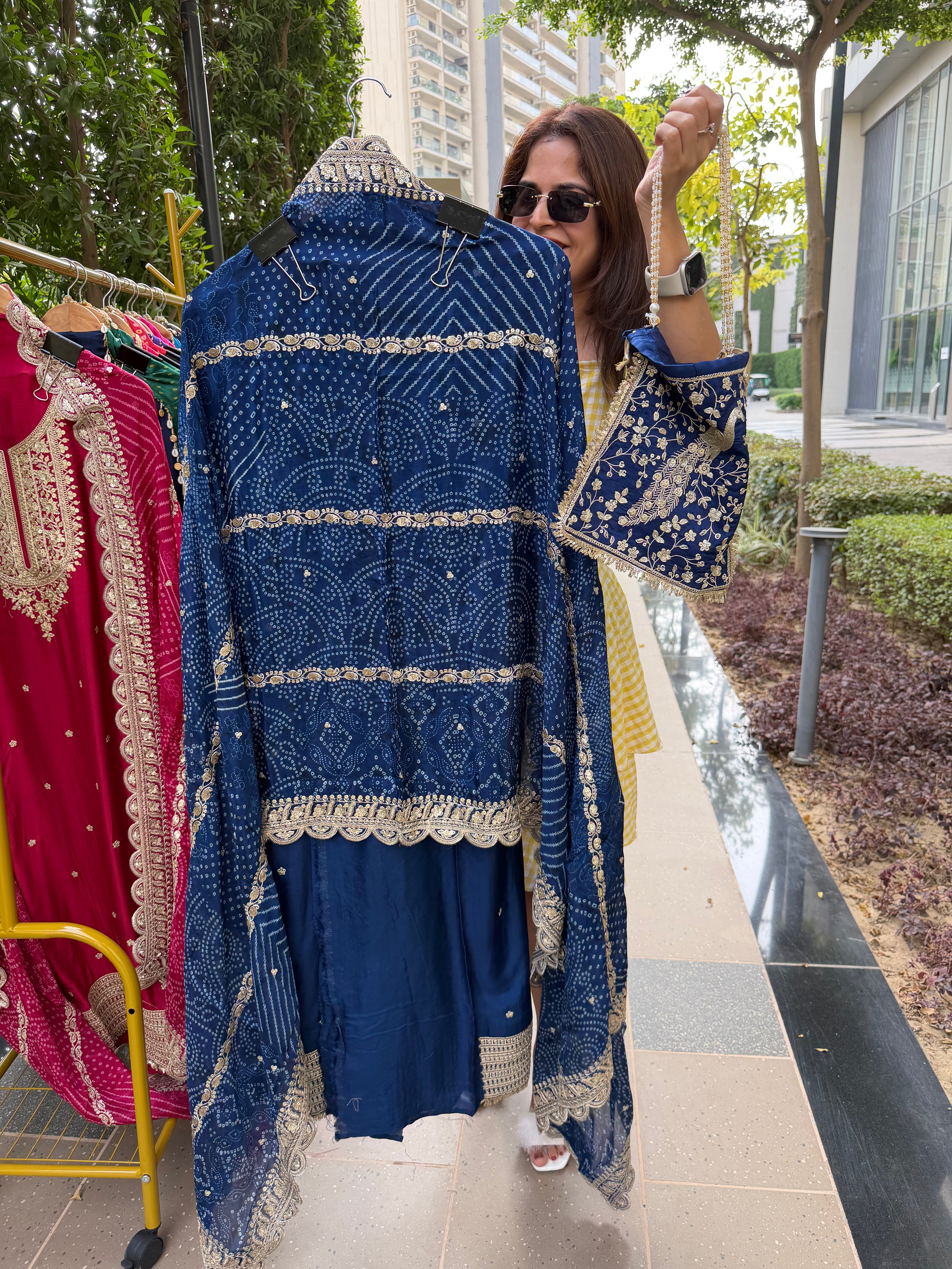 Gaji Silk suit fabric with Bandhini Print Dupatta - Royal Blue