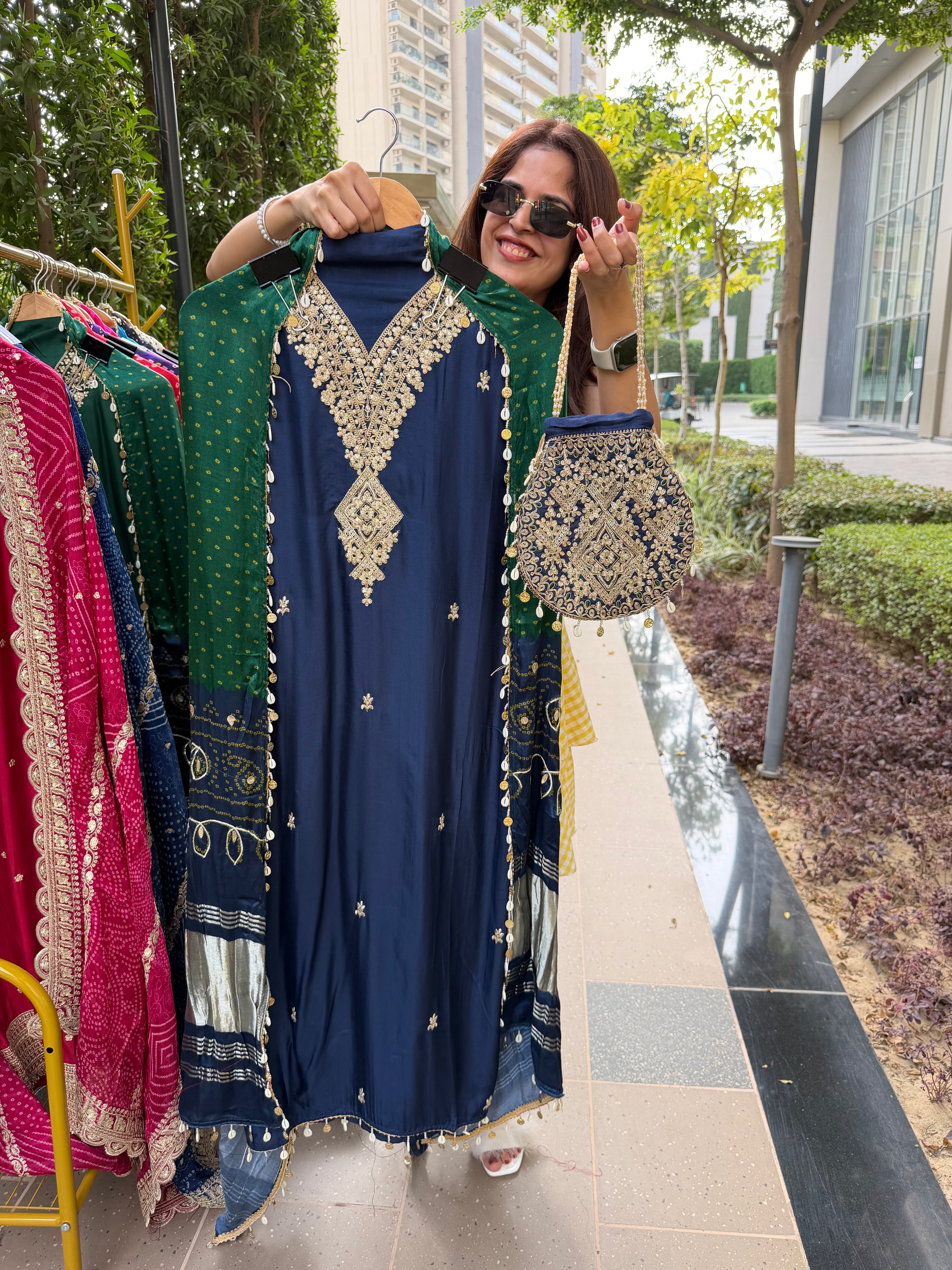 Gaji Silk suit fabric with Bandhini Print Dupatta - Blue