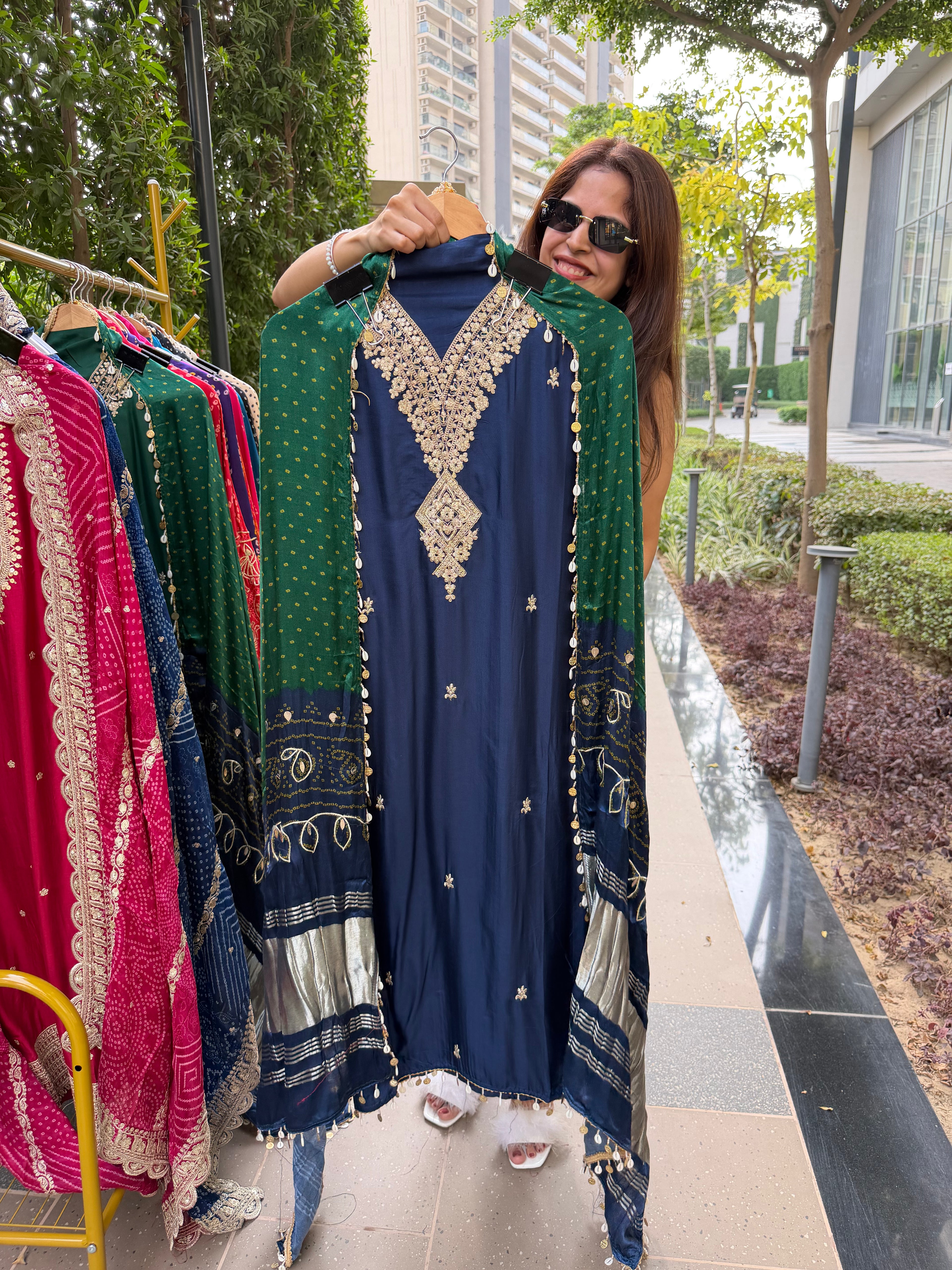 Gaji Silk suit fabric with Bandhini Print Dupatta - Blue