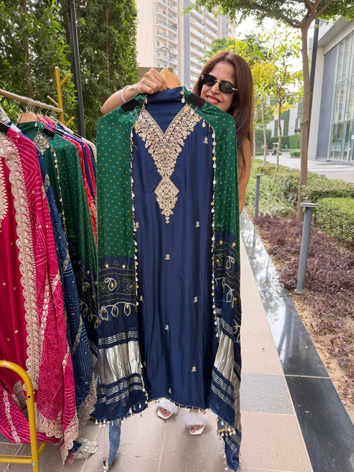 Gaji Silk suit fabric with Bandhini Print Dupatta - Blue