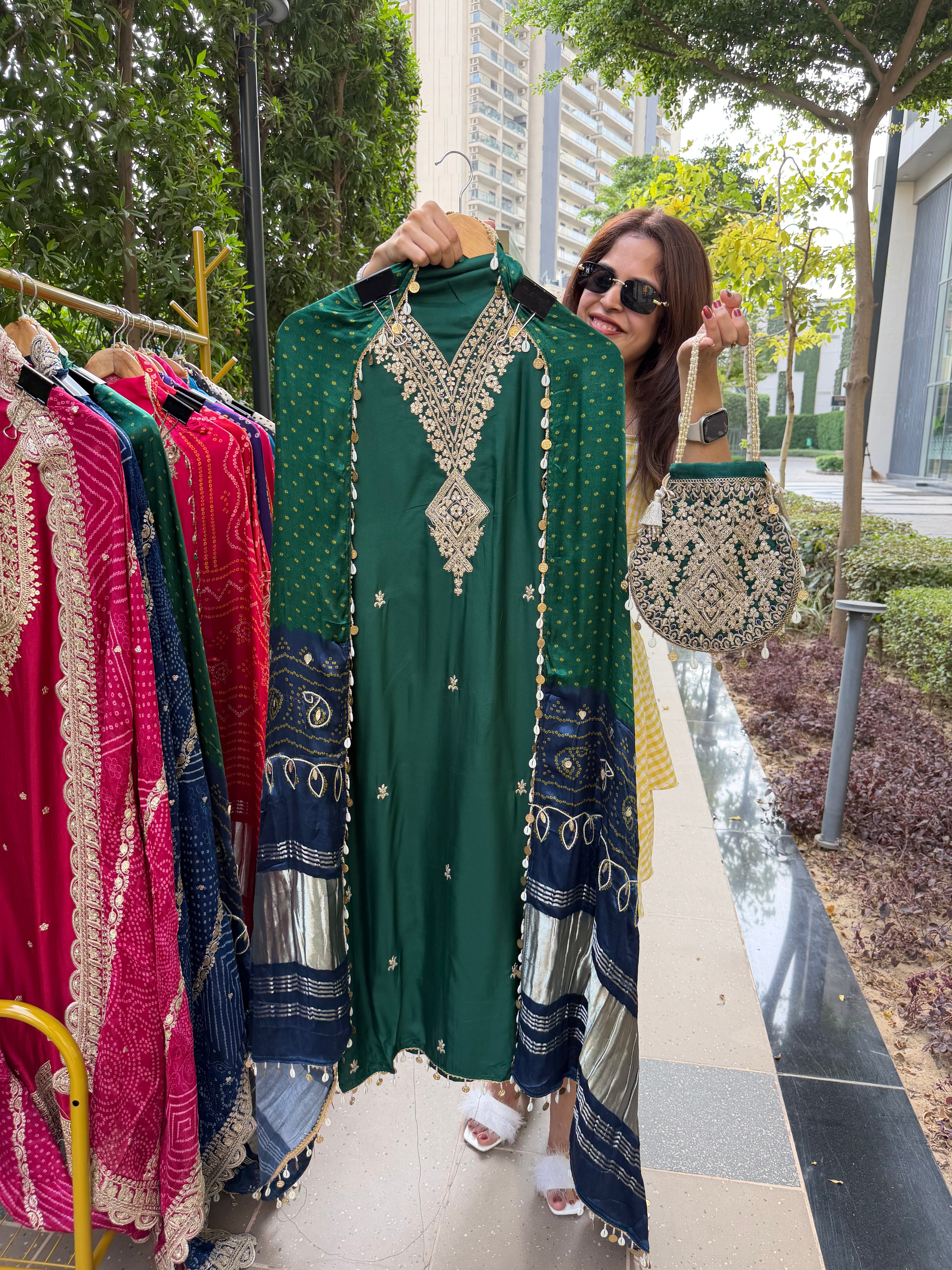 Gaji Silk suit fabric with Bandhini Print Dupatta - Green