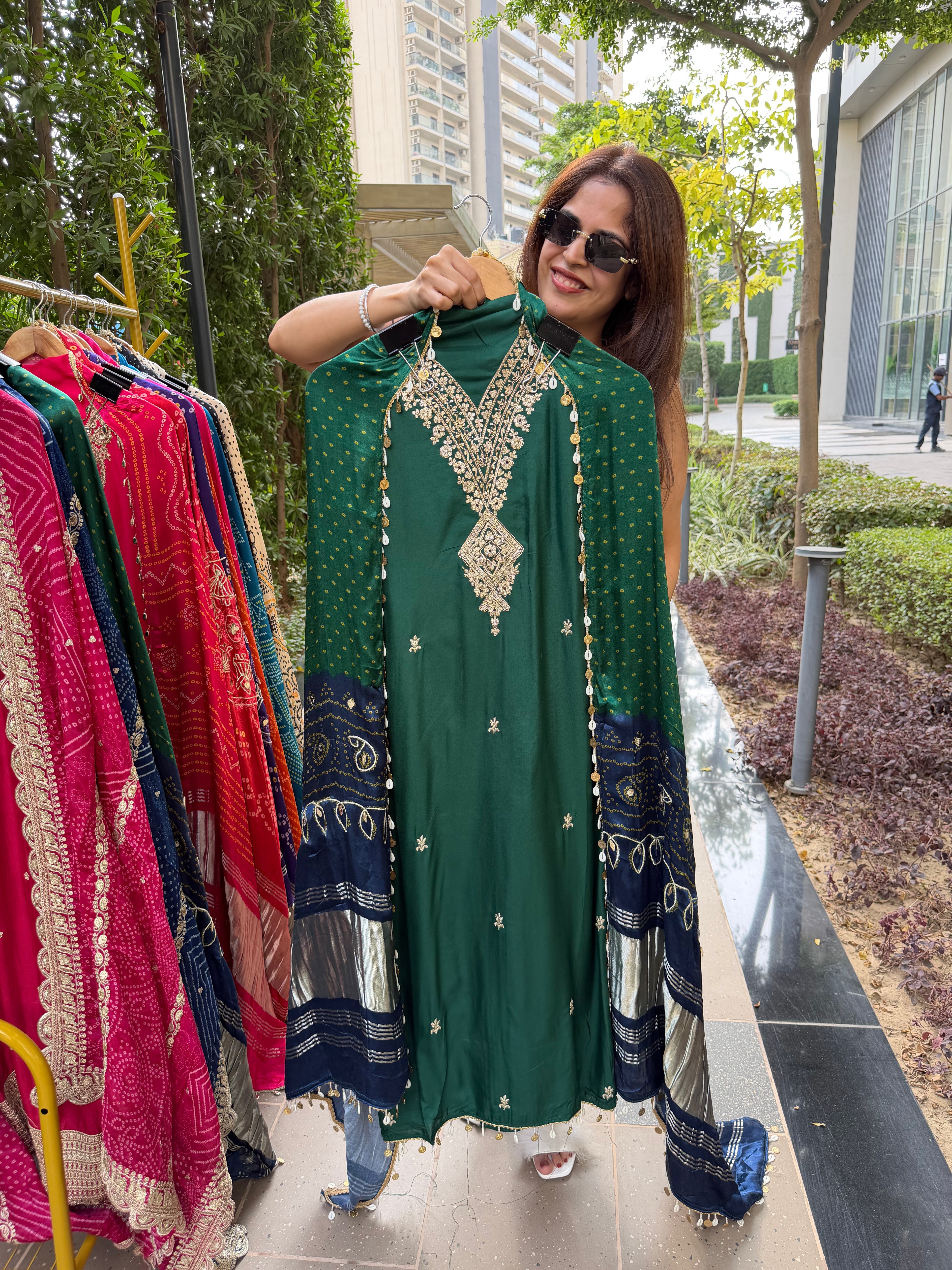 Gaji Silk suit fabric with Bandhini Print Dupatta - Green