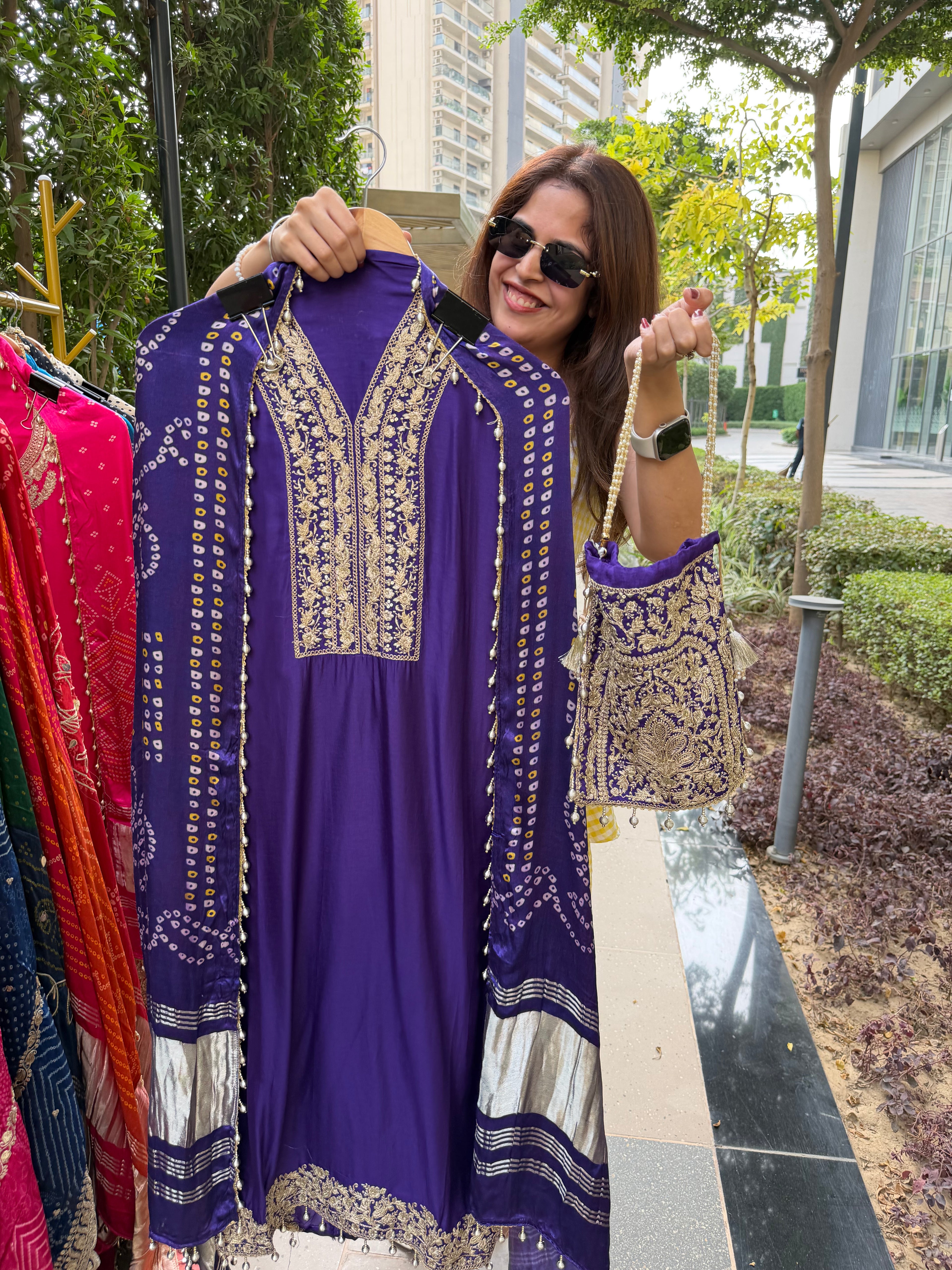 Gaji Silk suit fabric with Bandhini Print Dupatta - Purple