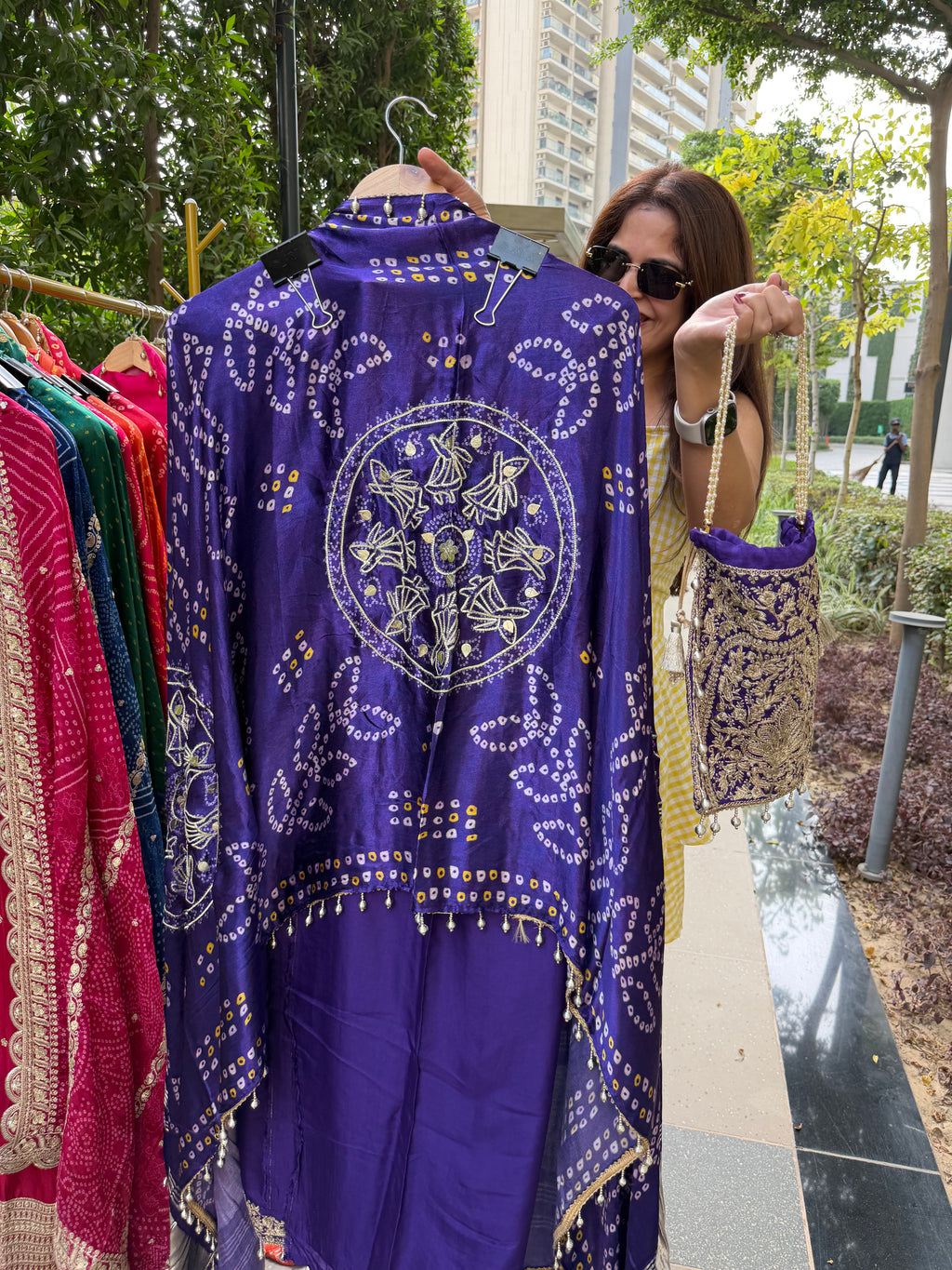 Gaji Silk suit fabric with Bandhini Print Dupatta - Purple