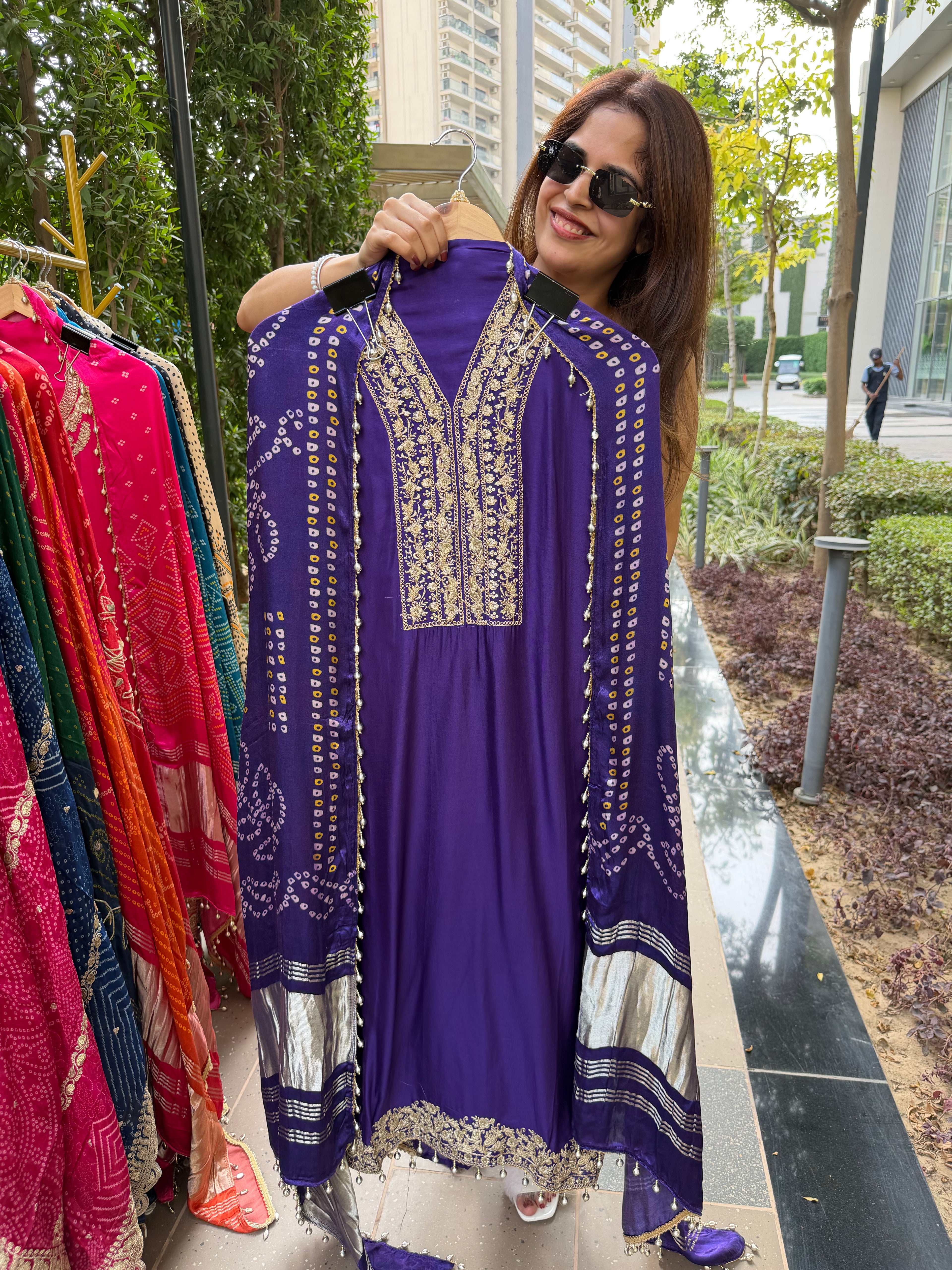 Gaji Silk suit fabric with Bandhini Print Dupatta - Purple