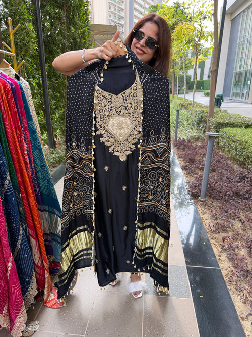 Gaji Silk suit fabric with Bandhini Print Dupatta - Black