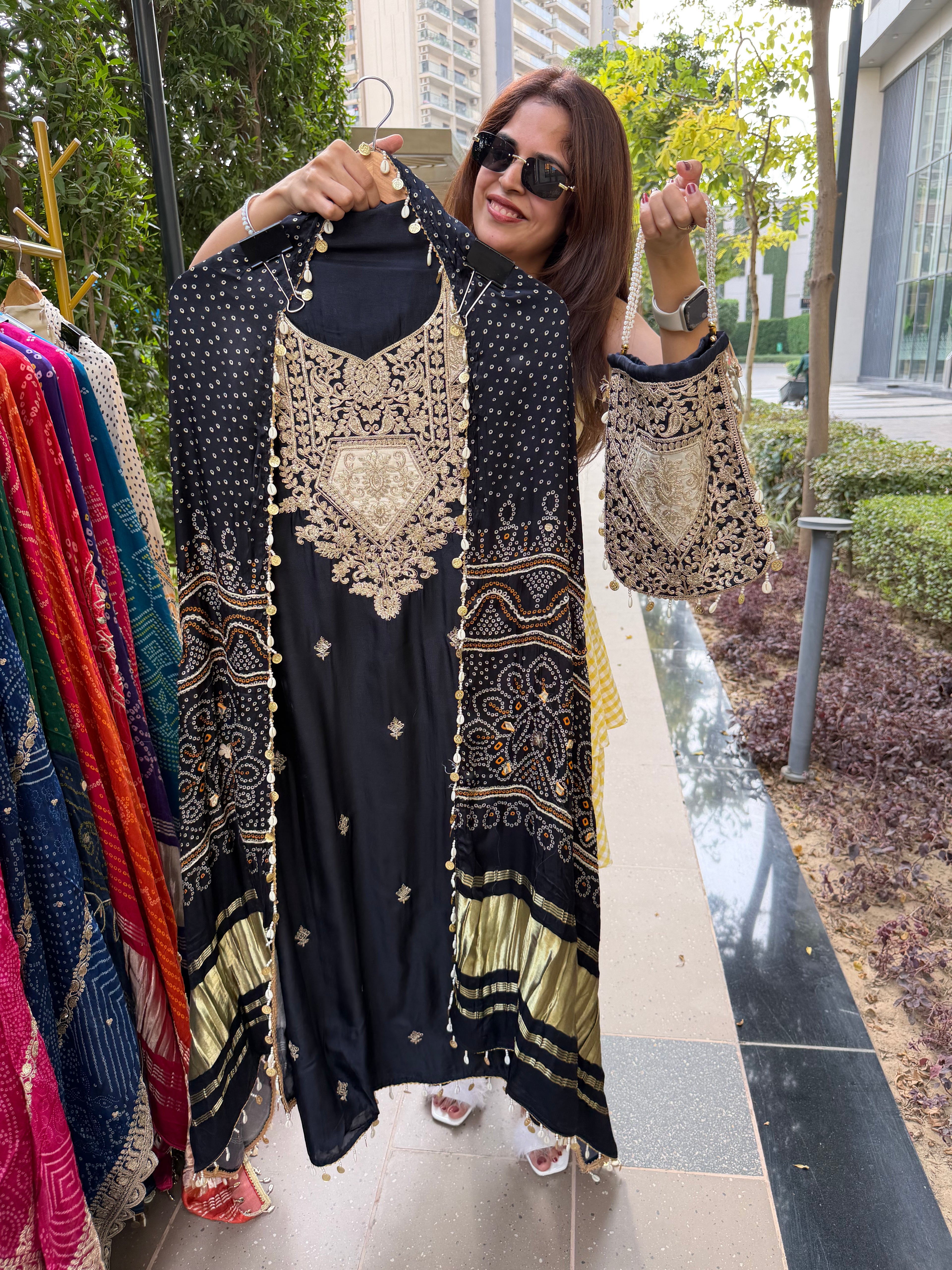 Gaji Silk suit fabric with Bandhini Print Dupatta - Black